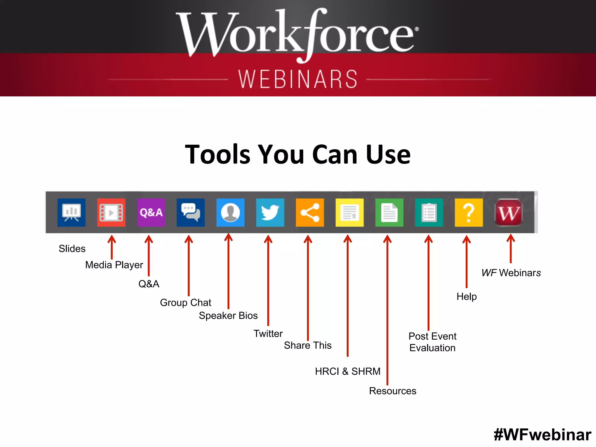 #WFwebinar
Tools	
  You	
  Can	
  Use	
  
Speaker Bios
Resources
Media Player
Q&A
Slides
Twitter
Help
Post Event
EvaluationShare This
Group Chat
HRCI & SHRM
WF Webinars
 
