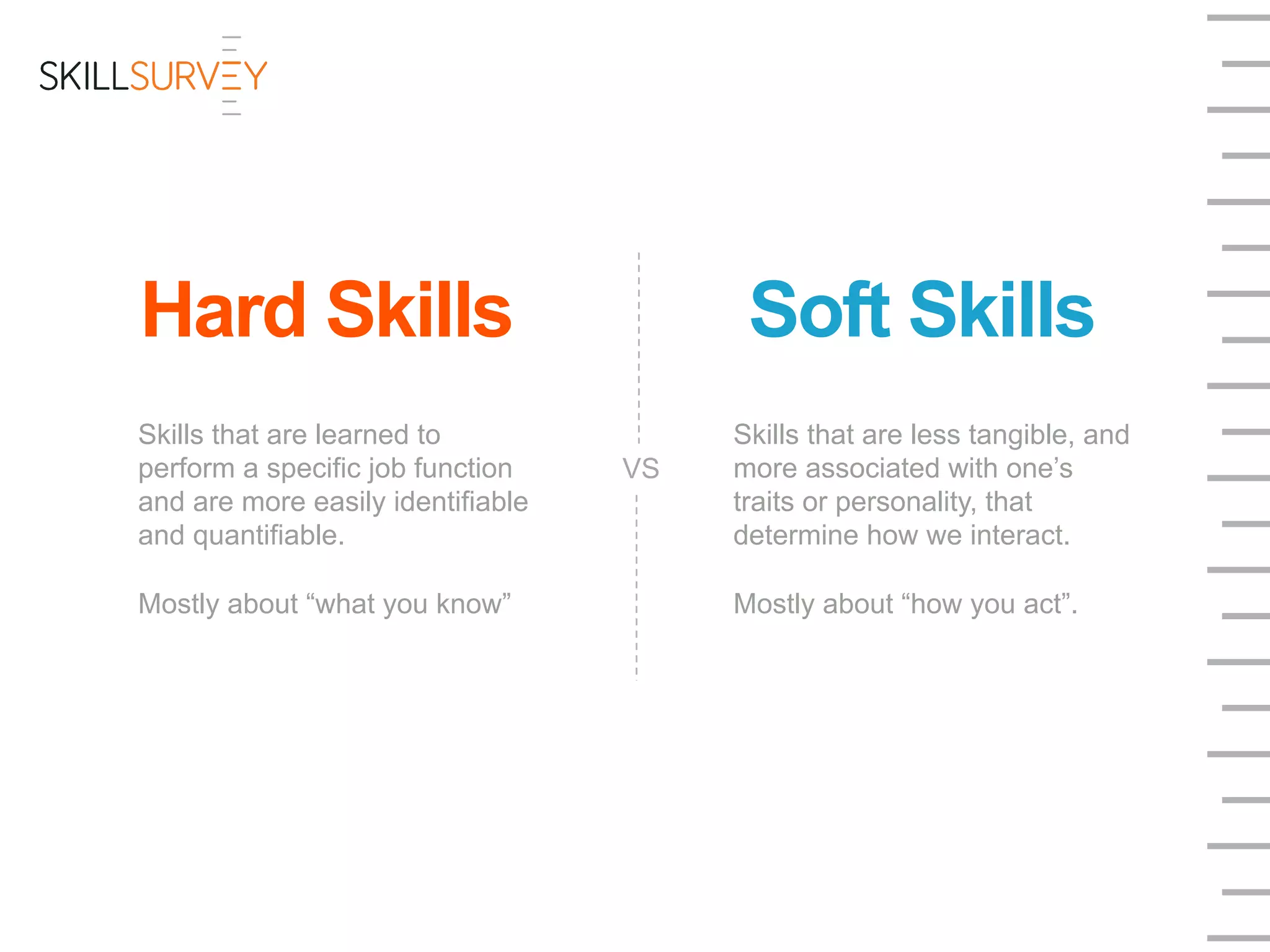 Hard Skills
Skills that are learned to
perform a specific job function
and are more easily identifiable
and quantifiable.
Mostly about “what you know”
VS
Soft Skills
Skills that are less tangible, and
more associated with one’s
traits or personality, that
determine how we interact.
Mostly about “how you act”.
 