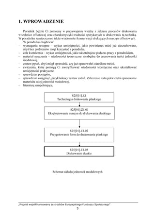 „Projekt współfinansowany ze środków Europejskiego Funduszu Społecznego”
3
1. WPROWADZENIE
Poradnik będzie Ci pomocny w przyswajaniu wiedzy z zakresu procesów drukowania
w technice offsetowej oraz charakterystyki trudności spotykanych w drukowaniu tą techniką.
W poradniku zamieszczono takŜe wiadomości konserwacji drukujących maszyn offsetowych.
W poradniku znajdziesz:
– wymagania wstępne – wykaz umiejętności, jakie powinieneś mieć juŜ ukształtowane,
abyś bez problemów mógł korzystać z poradnika,
– cele kształcenia – wykaz umiejętności, jakie ukształtujesz podczas pracy z poradnikiem,
– materiał nauczania – wiadomości teoretyczne niezbędne do opanowania treści jednostki
modułowej,
– zestaw pytań, abyś mógł sprawdzić, czy juŜ opanowałeś określone treści,
– ćwiczenia, które pomogą Ci zweryfikować wiadomości teoretyczne oraz ukształtować
umiejętności praktyczne,
– sprawdzian postępów,
– sprawdzian osiągnięć, przykładowy zestaw zadań. Zaliczenie testu potwierdzi opanowanie
materiału całej jednostki modułowej,
– literaturę uzupełniającą.
Schemat układu jednostek modułowych
825[01].Z1
Technologia drukowania płaskiego
825[01].Z1.01
Eksploatowanie maszyn do drukowania płaskiego
825[01].Z1.02
Przygotowanie form do drukowania płaskiego
825[01].Z1.03
Drukowanie płaskie
 