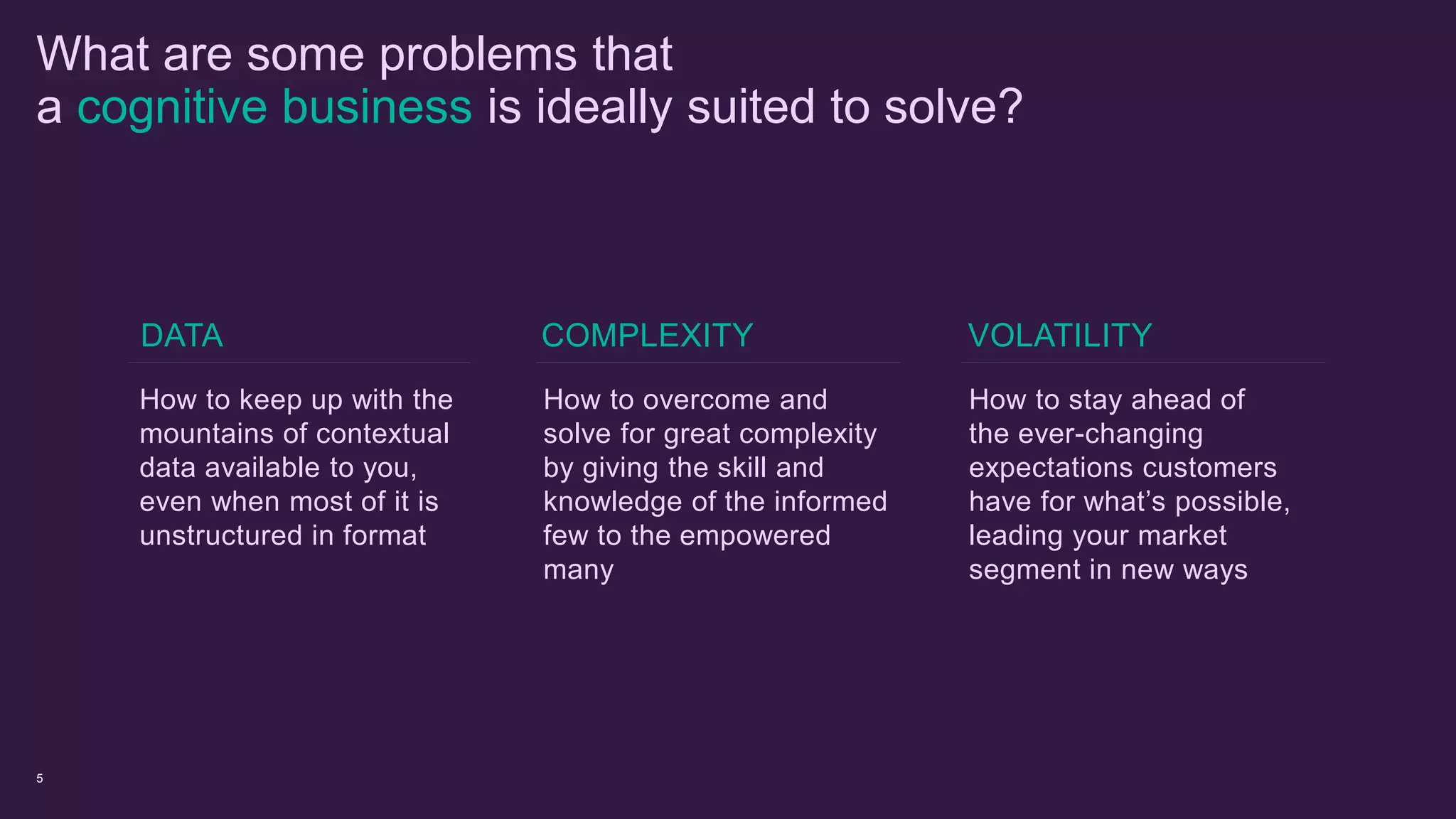 DATA
How to keep up with the
mountains of contextual
data available to you,
even when most of it is
unstructured in format
What are some problems that
a cognitive business is ideally suited to solve?
COMPLEXITY
How to overcome and
solve for great complexity
by giving the skill and
knowledge of the informed
few to the empowered
many
VOLATILITY
How to stay ahead of
the ever-changing
expectations customers
have for what’s possible,
leading your market
segment in new ways
5
 