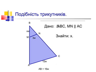 Подібність трикутників.
Дано: АВС, MN || AC
Знайти: х.
∆
AB = 16м
А
12м
С
М
N
B
xм
3м
 