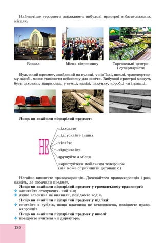 136
Íàé÷àñòіøå òåðîðèñòè çàêëàäàþòü âèáóõîâі ïðèñòðîї â áàãàòîëþäíèõ
ìіñöÿõ.
Âîêçàë Ìіñöÿ âіäïî÷èíêó Òîðãîâåëüíі öåíòðè
і ñóïåðìàðêåòè
Áóäü-ÿêèé ïðåäìåò, çíàéäåíèé íà âóëèöі, ó ïіä’їçäі, øêîëі, òðàíñïîðòíî-
ìó çàñîáі, ìîæå ñòàíîâèòè íåáåçïåêó äëÿ æèòòÿ. Âèáóõîâі ïðèñòðîї ìîæóòü
áóòè çàõîâàíі, íàïðèêëàä, ó ñóìöі, âàëіçі, ïàêóíêó, êîðîáöі ÷è іãðàøöі.
ßêùî âè çíàéøëè ïіäîçðіëèé ïðåäìåò:
ïіäõîäüòå
ïіäïóñêàéòå іíøèõ
÷іïàéòå
âіäêðèâàéòå
çðóøóéòå ç ìіñöÿ
êîðèñòóéòåñÿ ìîáіëüíèì òåëåôîíîì
(âіí ìîæå ñïðè÷èíèòè äåòîíàöіþ)
Íåãàéíî âèêëè÷òå ïðàâîîõîðîíöіâ. Äî÷åêàéòåñÿ ïðàâîîõîðîíöіâ і ðîç-
êàæіòü, äå ïîáà÷èëè ïðåäìåò.
ßêùî âè çíàéøëè ïіäîçðіëèé ïðåäìåò ó ãðîìàäñüêîìó òðàíñïîðòі:
 çàïèòàéòå îòî÷óþ÷èõ, ÷èé âіí;
 ÿêùî âëàñíèêà íå âèÿâèëè, ïîâіäîìòå âîäіÿ.
ßêùî âè çíàéøëè ïіäîçðіëèé ïðåäìåò ó ïіä’їçäі:
 ñïèòàéòå â ñóñіäіâ, ÿêùî âëàñíèêà íå âñòàíîâëåíî, ïîâіäîìòå ïðàâî-
îõîðîíöіâ.
ßêùî âè çíàéøëè ïіäîçðіëèé ïðåäìåò ó øêîëі:
 ïîâіäîìòå â÷èòåëÿ ÷è äèðåêòîðà.
 