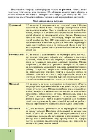 14
Íàäçâè÷àéíі ñèòóàöії êëàñèôіêóþòü òàêîæ çà ðіâíÿìè. Ðіâåíü âèçíà-
÷àþòü çà òåðèòîðієþ, ÿêó îõîïèëà ÍÑ, îáñÿãàìè åêîíîìі÷íèõ çáèòêіâ, à
òàêîæ îáñÿãàìè òåõíі÷íèõ і ìàòåðіàëüíèõ âèòðàò äëÿ ëіêâіäàöії ÍÑ. Çâà-
æàþ÷è íà öå, â Óêðàїíі âèäіëåíî ÷îòèðè ðіâíі íàäçâè÷àéíèõ ñèòóàöіé.
Рівні надзвичайних ситуацій
Äåðæàâíèé ÍÑ âèíèêàє і ðîçâèâàєòüñÿ íà òåðèòîðії äâîõ і áіëüøå
îáëàñòåé òà ìіñòà Êèєâà. Çàãðîæóє ïîøèðåííÿì íåáåç-
ïåêè çà ìåæі êðàїíè. Îáñÿãè ïîòðіáíèõ äëÿ ëіêâіäàöії ðå-
÷îâèí, ìàòåðіàëіâ, îáëàäíàííÿ ïåðåâàæàþòü ìîæëèâîñòі
îäíієї îáëàñòі òà ìîæëèâîñòі ìіñòà Êèєâà. Íàïðèêëàä,
ñòèõіéíå ëèõî (ïîâіíü, çåìëåòðóñ), àâàðіÿ íà äàìáі, âî-
єííèé êîíôëіêò. Òàêі ÍÑ ïðèçâîäÿòü äî ðóéíóâàííÿ òà
ïîøêîäæåííÿ æèòëîâèõ áóäèíêіâ, îá’єêòіâ іíôðàñòðóê-
òóðè, æèòòєçàáåçïå÷åííÿ òà ñîöіàëüíîї ñôåðè і ïîðóøó-
þòü íîðìàëüíі óìîâè æèòòєäіÿëüíîñòі íàñåëåííÿ íà òðè-
âàëèé ÷àñ
Ðåãіîíàëüíèé ÍÑ âèíèêàє і ðîçâèâàєòüñÿ íà òåðèòîðії äâîõ àáî áіëü-
øå àäìіíіñòðàòèâíèõ ðàéîíіâ ìіñò îáëàñíîãî çíà÷åííÿ,
îáëàñòåé, ìіñòà Êèєâà àáî çàãðîæóє ïîøèðåííÿì íåáåç-
ïåêè íà òåðèòîðіþ ñóìіæíèõ îáëàñòåé Óêðàїíè. Îáñÿãè
ïîòðіáíèõ äëÿ ëіêâіäàöії ðå÷îâèí, ìàòåðіàëіâ, îáëàäíàí-
íÿ ïåðåâàæàþòü ìîæëèâîñòі îêðåìîãî àäìіíіñòðàòèâíîãî
ðàéîíó. Íàïðèêëàä, àâàðіÿ íà ñòàíöії ôіëüòðóâàííÿ âîäè
÷è ïîøêîäæåííÿ î÷èñíèõ ñïîðóä ó êіëüêîõ ìіñòàõ ÷è
ðàéîíàõ; ïîæåæà íà ñêëàäі íàôòîïðîäóêòіâ; àâàðіÿ íà
ìåðåæàõ åëåêòðîïîñòà÷àííÿ; áóðåâіé; ïîøêîäæåííÿ ïî-
ñіâіâ ñіëüñüêîãîñïîäàðñüêèõ êóëüòóð øêіäíèêàìè
Ìіñöåâèé ÍÑ âèõîäèòü çà ìåæі ïîòåíöіéíî íåáåçïå÷íîãî îá’єêòà,
çàãðîæóє ïîøèðåííÿì íåáåçïåêè íà äîâêіëëÿ, ñóñіäíі íà-
ñåëåíі ïóíêòè òîùî. Îáñÿãè ïîòðіáíèõ äëÿ ëіêâіäàöії ðå-
÷îâèí, ìàòåðіàëіâ, îáëàäíàííÿ ïåðåâàæàþòü ìîæëèâîñòі
ïîòåíöіéíî íåáåçïå÷íîãî îá’єêòà. Íàïðèêëàä, àâàðії íà
îá’єêòàõ æèòëîâî-êîìóíàëüíîãî ãîñïîäàðñòâà: ïîøêî-
äæåííÿ ïіäçåìíîї òðóáè âîäîïîñòà÷àííÿ àáî òåïëîìå-
ðåæі, çíåñòðóìëåííÿ áóäèíêіâ îäíієї âóëèöі ÷è ðàéîíó;
ñïàëàõ іíôåêöіéíîãî çàõâîðþâàííÿ â îäíіé ìіñöåâîñòі
Îá’єêòíèé ÍÑ, ÿêà âèíèêàє і ðîçâèâàєòüñÿ íà òåðèòîðії îá’єêòà àáî
íà ñàìîìó îá’єêòі. Íàñëіäêè öієї ñèòóàöії íå âèõîäÿòü çà
ìåæі îá’єêòà àáî çà ìåæі éîãî ñàíіòàðíî-çàõèñíîї çîíè.
Íàïðèêëàä, ïîæåæà àáî çàòîïëåííÿ â ïîìåøêàííі ÷è áó-
äèíêó; âèòіê ïîáóòîâîãî ãàçó; òðàâìóâàííÿ íà ïіäïðè-
єìñòâі; äîðîæíüî-òðàíñïîðòíà ïðèãîäà, ùî ïðèçâåëà äî
çàãèáåëі é òðàâìóâàííÿ ëþäåé
 