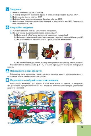 21
Завдання
1. Íàçâіòü çàâäàííÿ ÄÑÍÑ Óêðàїíè.
2. Ó ÿêîìó äîêóìåíòі çàçíà÷åíі ïðàâà é îáîâ’ÿçêè ãðîìàäÿí ïіä ÷àñ ÍÑ?
3. ßêі ïðàâà âè ìàєòå ïіä ÷àñ ÍÑ?
4. ßêі îáîâ’ÿçêè ìàþòü ãðîìàäÿíè Óêðàїíè ïіä ÷àñ ÍÑ?
5. ßêі íàâè÷êè áåçïå÷íîї ïîâåäіíêè ñòàíóòü ó ïðèãîäі ïіä ÷àñ ÍÑ? Ñêîðèñòàé-
òåñÿ ñõåìîþ íà ñ. 20.
Ситуаційні завдання
1. Ó ðàéîíі ñòàëàñÿ ïîâіíü. Îãîëîøåíî åâàêóàöіþ.
2. Íà õіìі÷íîìó ïіäïðèєìñòâі ñòàâñÿ âèòіê àìіàêó.
1. ßêі ïðàâà é îáîâ’ÿçêè ìàєòå âè â íàâåäåíèõ ñèòóàöіÿõ?
2. ßêі íàâè÷êè áåçïå÷íîї ïîâåäіíêè ñòàíóòü ó ïðèãîäі â êîæíіé іç ñèòóàöіé?
3. ßê äіÿòèìåòå ïіä ÷àñ åâàêóàöії? Ïðèãàäàéòå çà ìàëþíêàìè.
4. ßêі çàñîáè іíäèâіäóàëüíîãî çàõèñòó âèêîðèñòàєòå äî ïðèїçäó ðÿòóâàëüíèêіâ?
Ñêîðèñòàéòåñÿ ìàòåðіàëàìè § 3 і 4, à òàêîæ ïðèãàäàéòå ìàòåðіàë ïîïåðåäíіõ
êëàñіâ.
Попрацюйте в парі або групі
Îáãîâîðіòü ðèñè õàðàêòåðó і íàâè÷êè, ÿêі, íà âàøó äóìêó, äîïîìàãàþòü ðÿòó-
âàëüíèêàì äіÿòè â íåáåçïå÷íèõ ñèòóàöіÿõ.
Моделюйте — набувайте життєвих навичок
Ðîçãëÿíüòå ìàëþíêè. ßêі ïðàâà é îáîâ’ÿçêè ìàєòå â êîæíіé іç ñèòóàöіé?
ßê äіÿòèìåòå, ùîá óáåçïå÷èòèñÿ? ßêі ÿêîñòі òà íàâè÷êè äîïîìîæóòü óáåçïå÷èòè
çäîðîâ’ÿ і æèòòÿ?çäîðîâ’ÿ і æèòòÿ?
?
1 2
1 2 3
 