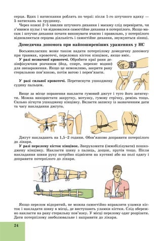24
ñåðöÿ. Âäèõ і íàòèñêàííÿ ðîáëÿòü ïî ÷åðçі: ïіñëÿ 1-ãî øòó÷íîãî âäèõó —
5 íàòèñêàíü íà ãðóäíèíó.
×åðåç êîæíі 2–5 õâèëèí øòó÷íîãî äèõàííÿ і ìàñàæó ñëіä ïåðåâіðÿòè, ÷è
ç’ÿâèâñÿ ïóëüñ і ÷è âіäíîâèëîñÿ ñàìîñòіéíå äèõàííÿ â ïîòåðïіëîãî. ßêùî ìà-
ñàæ і øòó÷íå äèõàííÿ ïî÷àòè âèêîíóâàòè â÷àñíî і ïðàâèëüíî, ó ïîòåðïіëîãî
âіäíîâëþєòüñÿ ñåðöåâà äіÿëüíіñòü і ñàìîñòіéíå äèõàííÿ, çâóæóþòüñÿ çіíèöі.
Äîìåäè÷íà äîïîìîãà ïðè íàéïîøèðåíіøèõ óðàæåííÿõ ó ÍÑ
Âîñüìèêëàñíèê ìîæå òàêîæ íàäàòè ïîòåðïіëîìó äîìåäè÷íó äîïîìîãó
ïðè òðàâìàõ, êðîâîòå÷і, ïåðåëîìàõ êіñòîê êіíöіâîê, ÿêùî âìіє.
Ó ðàçі íåçíà÷íîї êðîâîòå÷і. Îáðîáèòè êðàї ðàíè äå-
çіíôіêóþ÷èì ðîç÷èíîì (éîä, ñïèðò, ïåðåêèñ âîäíþ)
äëÿ çíåçàðàæåííÿ. ßêùî öå íåìîæëèâî, çàêðèòè ðàíó
ñòåðèëüíîþ ïîâ’ÿçêîþ, ïîòіì âàòîþ і ïåðåâ’ÿçàòè.
Ó ðàçі ñèëüíîї êðîâîòå÷і. Ïåðåòèñíóòè óøêîäæåíó
ñóäèíó ïàëüöåì.
Âèùå çà ìіñöå ïîðàíåííÿ íàêëàñòè ãóìîâèé äæãóò і òóãî éîãî çàòÿãíó-
òè. Ìîæíà âèêîðèñòàòè çàêðóòêó, ìîòóçêó, ãóìîâó ñòðі÷êó, ðåìіíü òîùî.
Ñèëüíî çіãíóòè óøêîäæåíó êіíöіâêó. Âêëàñòè çàïèñêó іç çàçíà÷åííÿì äàòè
òà ÷àñó íàêëàäàííÿ äæãóòà.
Äæãóò íàêëàäàþòü íà 1,5–2 ãîäèíè. Îáîâ’ÿçêîâî äîïðàâèòè ïîòåðïіëîãî
äî ëіêàðÿ.
Ó ðàçі ïåðåëîìó êіñòîê êіíöіâîê. Çíåðóõîìèòè (іììîáіëіçóâàòè) ïîøêî-
äæåíó êіíöіâêó. Íàêëàñòè øèíó ç ïàëèöü, äîùîê, ïðóòіâ òîùî. Ïіñëÿ
íàêëàäàííÿ øèíè ðóêó ïîòðіáíî ïіäâіñèòè íà õóñòèíі àáî íà ïîëі îäÿãó і
äîïðàâèòè ïîòåðïіëîãî äî ëіêàðÿ.
ßêùî ïåðåëîì âіäêðèòèé, íå ìîæíà ñàìîñòіéíî âïðàâëÿòè óëàìêè êіñ-
òîê і íàêëàäàòè øèíó â ìіñöі, äå âèñòóïàþòü óëàìêè êіñòêè. Ñëіä îáåðåæ-
íî íàêëàñòè íà ðàíó ñòåðèëüíó ïîâ’ÿçêó. Ó ìіñöі ïåðåëîìó îäÿã ðîçðіçàòè.
Äàòè ïîòåðïіëîìó çíåáîëþâàëüíå і íàïðàâèòè äî ëіêàðÿ.Ä ð ó ð ä ð
ù
 