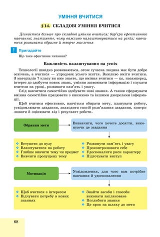 68
УМІННЯ ВЧИТИСЯ
§14. ÑÊËÀÄÎÂІ ÓÌІÍÍß Â×ÈÒÈÑß
Äіçíàєòåñÿ áіëüøå ïðî ñêëàäîâі óìіííÿ â÷èòèñÿ; áàð’єðè åôåêòèâíîãî
íàâ÷àííÿ; çíàòèìåòå, ÷îìó âàæëèâî íàëàøòîâóâàòèñÿ íà óñïіõ; íàâ÷è-
òåñÿ ðîçâèâàòè îáðàçíå é òâîð÷å ìèñëåííÿ
Пригадайте
Ùî òàêå åôåêòèâíå ÷èòàííÿ?
Âàæëèâіñòü íàëàøòóâàííÿ íà óñïіõ
Òåõíîëîãії øâèäêî ðîçâèâàþòüñÿ, îòîæ ñó÷àñíà ëþäèíà ìàє áóòè äîáðå
îñâі÷åíà, à â÷èòèñÿ — óïðîäîâæ óñüîãî æèòòÿ. Âàæëèâî âìіòè â÷èòèñÿ.
Ç ìàòåðіàëіâ 7 êëàñó âè âæå çíàєòå, ùî âìіííÿ â÷èòèñÿ — öå, íàñàìïåðåä,
іíòåðåñ äî çäîáóòòÿ íîâèõ çíàíü, óìіííÿ çàñâîþâàòè іíôîðìàöіþ і ñëóõàòè
â÷èòåëÿ íà óðîöі, ðîçâèâàòè ïàì’ÿòü і óâàãó.
Ñëіä íàâ÷èòèñÿ ñàìîñòіéíî çäîáóâàòè íîâі çíàííÿ. À òàêîæ ñôîðìóâàòè
âìіííÿ ñàìîñòіéíî ïðàöþâàòè ç êíèæêîþ òà іíøèìè äæåðåëàìè іíôîðìà-
öії.
Ùîá â÷èòèñÿ åôåêòèâíî, íàâ÷іòüñÿ îáèðàòè ìåòó, ïëàíóâàòè ðîáîòó,
óñâіäîìëþâàòè çàâäàííÿ, çíàõîäèòè ñïîñіá ðîçâ’ÿçàííÿ çàâäàííÿ, êîíòðî-
ëþâàòè é îöіíþâàòè õіä і ðåçóëüòàò ðîáîòè.
!
 Âñòóïèòè äî âóçó
 Âëàøòóâàòèñÿ íà ðîáîòó
 Ãëèáøå âèâ÷èòè òåìó ÷è ïðåäìåò
 Âèâ÷èòè ïðîïóùåíó òåìó
 Ðîçâèíóòè ïàì’ÿòü і óâàãó
 Ïðîêîíòðîëþâàòè ñåáå
 Óäîñêîíàëèòè ðèñè õàðàêòåðó
 Ïіäãîòóâàòè âèñòóï
 Ùîá â÷èòèñÿ ç іíòåðåñîì
 Âіä÷óâàòè ïîòðåáó â íîâèõ
çíàííÿõ
 Çíàéòè çàñîáè і ñïîñîáè
âèêîíàòè çàïëàíîâàíå
 Ïîãëèáèòè çíàííÿ
 Öå êðîê íà øëÿõó äî ìåòè
Îáðàííÿ ìåòè
Ìîòèâàöіÿ
Âèçíà÷èòè, ÷îãî õî÷åòå äîñÿãòè, âèêî-
íóþ÷è öå çàâäàííÿ
Óñâіäîìëåííÿ, äëÿ ÷îãî âàì ïîòðіáíå
íàâ÷àííÿ é óäîñêîíàëåííÿ
 