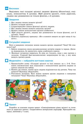 7
Висновок
Âèäіëÿþòü òàêі ñêëàäîâі çðіëîñòі ëþäèíè: ôіçè÷íó (áіîëîãі÷íó), ñîöі-
àëüíó, ïñèõîëîãі÷íó é äóõîâíó. Ùîá äîñÿãòè çðіëîñòі, ñòàòè äîðîñëîþ,
ëþäèíà ìàє ðîçâèâàòèñÿ íå òіëüêè ôіçè÷íî, à é äóõîâíî.
Завдання
1. ßêó ëþäèíó ìîæíà íàçâàòè çðіëîþ?
2. Íàçâіòü ñêëàäîâі çðіëîñòі.
3. Ñõàðàêòåðèçóéòå îçíàêè ôіçè÷íîї çðіëîñòі ëþäèíè.
4. ßêó ëþäèíó ìîæíà íàçâàòè ñîöіàëüíî çðіëîþ?
5. Íàçâіòü îçíàêè ïñèõîëîãі÷íîї çðіëîñòі îñîáèñòîñòі.
6. Ùîá äîñÿãòè çðіëîñòі, ëþäèíà ìàє ðîçâèâàòèñÿ íå òіëüêè ôіçè÷íî, àëå é
äóõîâíî. ×îìó?
7. Ïîÿñíіòü óêðàїíñüêó ïðèêàçêó: «Íå â êîæíîãî âèùîãî íà çðіñò âèùà é ãіä-
íіñòü».
Ситуаційні завдання
Êîãî â íàâåäåíèõ ñèòóàöіÿõ ìîæíà íàçâàòè çðіëîþ ëþäèíîþ? ×îìó? ßê â÷è-
íèëè á âè?
1. Áàáóñÿ ïîïðîñèëà îíóêó-âîñüìèêëàñíèöþ çóñòðіòè êîðîâó іç ÷åðåäè. Äіâ÷è-
íà âіäìîâèëàñÿ, áî ïðîïóñòèòü ñåðіþ óëþáëåíîãî ñåðіàëó.
2. Ìàëåíüêі ñåñòðè÷êè ñâàðÿòüñÿ, áî íіÿê íå ç’ÿñóþòü, êîìó ç íèõ ãðàòèñÿ ç
ëÿëüêîþ. Ñòàðøèé áðàò-âîñüìèêëàñíèê çàïðîïîíóâàâ їì ãðó, ó ÿêó âîíè
ìîæóòü ãðàòèñÿ ðàçîì.
Моделюйте — набувайте життєвих навичок
1. Ïðîàíàëіçóéòå ñõåìó «Ñêëàäîâі çðіëîñòі òà їõíі îçíàêè» íà ñ. 5–6. Óñòà-
íîâіòü âçàєìîçâ’ÿçîê ìіæ ñîöіàëüíîþ і ïñèõîëîãі÷íîþ çðіëіñòþ ëþäèíè çà
îäíієþ îçíàêîþ (íà âèáіð).
2. Íàçâіòü äâі îçíàêè, ÿêèìè çðіëà ëþäèíà âіäðіçíÿєòüñÿ âіä äèòèíè. ×îìó òàê
äóìàєòå? Âіäïîâіäü îáґðóíòóéòå.
3. Ðîçãëÿíüòå ìàëþíêè. Êîãî ìîæíà íàçâàòè çðіëîþ ëþäèíîþ â íàâåäåíèõ
ñèòóàöіÿõ? ×îìó? Âіäïîâіäü îáґðóíòóéòå.
Проект
Ðîçðîáіòü çà âëàñíèì ïëàíîì ïðîåêò «Ñàìîîöіíþâàííÿ ðіâíÿ çðіëîñòі òà ãîòîâ-
íîñòі äî äîðîñëîãî æèòòÿ». Ñêîðèñòàéòåñÿ ìàòåðіàëàìè ïàðàãðàôà. Ïðèãàäàéòå ìà-
òåðіàë, âèâ÷åíèé ó 7 êëàñі.
?
1 2 3
 
