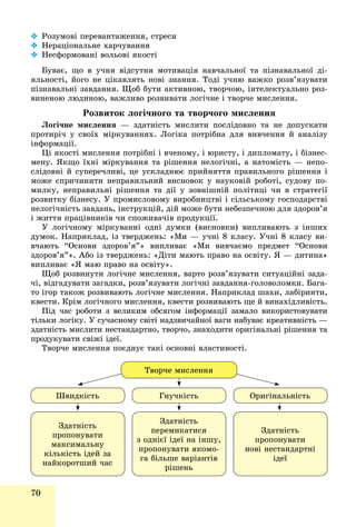 70
 Ðîçóìîâі ïåðåâàíòàæåííÿ, ñòðåñè
 Íåðàöіîíàëüíå õàð÷óâàííÿ
 Íåñôîðìîâàíі âîëüîâі ÿêîñòі
Áóâàє, ùî â ó÷íÿ âіäñóòíÿ ìîòèâàöіÿ íàâ÷àëüíîї òà ïіçíàâàëüíîї äі-
ÿëüíîñòі, éîãî íå öіêàâëÿòü íîâі çíàííÿ. Òîäі ó÷íþ âàæêî ðîçâ’ÿçóâàòè
ïіçíàâàëüíі çàâäàííÿ. Ùîá áóòè àêòèâíîþ, òâîð÷îþ, іíòåëåêòóàëüíî ðîç-
âèíåíîþ ëþäèíîþ, âàæëèâî ðîçâèâàòè ëîãі÷íå і òâîð÷å ìèñëåííÿ.
Ðîçâèòîê ëîãі÷íîãî òà òâîð÷îãî ìèñëåííÿ
Ëîãі÷íå ìèñëåííÿ — çäàòíіñòü ìèñëèòè ïîñëіäîâíî òà íå äîïóñêàòè
ïðîòèðі÷ ó ñâîїõ ìіðêóâàííÿõ. Ëîãіêà ïîòðіáíà äëÿ âèâ÷åííÿ é àíàëіçó
іíôîðìàöії.
Öі ÿêîñòі ìèñëåííÿ ïîòðіáíі і â÷åíîìó, і þðèñòó, і äèïëîìàòó, і áіçíåñ-
ìåíó. ßêùî їõíі ìіðêóâàííÿ òà ðіøåííÿ íåëîãі÷íі, à íàòîìіñòü — íåïî-
ñëіäîâíі é ñóïåðå÷ëèâі, öå óñêëàäíþє ïðèéíÿòòÿ ïðàâèëüíîãî ðіøåííÿ і
ìîæå ñïðè÷èíèòè íåïðàâèëüíèé âèñíîâîê ó íàóêîâіé ðîáîòі, ñóäîâó ïî-
ìèëêó, íåïðàâèëüíі ðіøåííÿ òà äії ó çîâíіøíіé ïîëіòèöі ÷è â ñòðàòåãії
ðîçâèòêó áіçíåñó. Ó ïðîìèñëîâîìó âèðîáíèöòâі і ñіëüñüêîìó ãîñïîäàðñòâі
íåëîãі÷íіñòü çàâäàíü, іíñòðóêöіé, äіé ìîæå áóòè íåáåçïå÷íîþ äëÿ çäîðîâ’ÿ
і æèòòÿ ïðàöіâíèêіâ ÷è ñïîæèâà÷іâ ïðîäóêöії.
Ó ëîãі÷íîìó ìіðêóâàííі îäíі äóìêè (âèñíîâêè) âèïëèâàþòü ç іíøèõ
äóìîê. Íàïðèêëàä, іç òâåðäæåíü: «Ìè — ó÷íі 8 êëàñó. Ó÷íі 8 êëàñó âè-
â÷àþòü “Îñíîâè çäîðîâ’ÿ”» âèïëèâàє «Ìè âèâ÷àєìî ïðåäìåò “Îñíîâè
çäîðîâ’ÿ”». Àáî іç òâåðäæåíü: «Äіòè ìàþòü ïðàâî íà îñâіòó. ß — äèòèíà»
âèïëèâàє «ß ìàþ ïðàâî íà îñâіòó».
Ùîá ðîçâèíóòè ëîãі÷íå ìèñëåííÿ, âàðòî ðîçâ’ÿçóâàòè ñèòóàöіéíі çàäà-
÷і, âіäãàäóâàòè çàãàäêè, ðîçâ’ÿçóâàòè ëîãі÷íі çàâäàííÿ-ãîëîâîëîìêè. Áàãà-
òî іãîð òàêîæ ðîçâèâàþòü ëîãі÷íå ìèñëåííÿ. Íàïðèêëàä øàõè, ëàáіðèíòè,
êâåñòè. Êðіì ëîãі÷íîãî ìèñëåííÿ, êâåñòè ðîçâèâàþòü ùå é âèíàõіäëèâіñòü.
Ïіä ÷àñ ðîáîòè ç âåëèêèì îáñÿãîì іíôîðìàöії çàìàëî âèêîðèñòîâóâàòè
òіëüêè ëîãіêó. Ó ñó÷àñíîìó ñâіòі íàäçâè÷àéíîї âàãè íàáóâàє êðåàòèâíіñòü —
çäàòíіñòü ìèñëèòè íåñòàíäàðòíî, òâîð÷î, çíàõîäèòè îðèãіíàëüíі ðіøåííÿ òà
ïðîäóêóâàòè ñâіæі іäåї.
Òâîð÷å ìèñëåííÿ ïîєäíóє òàêі îñíîâíі âëàñòèâîñòі.
Òâîð÷å ìèñëåííÿ
ÎðèãіíàëüíіñòüÃíó÷êіñòüØâèäêіñòü
Çäàòíіñòü
ïðîïîíóâàòè
íîâі íåñòàíäàðòíі
іäåї
Çäàòíіñòü
ïåðåìèêàòèñÿ
ç îäíієї іäåї íà іíøó,
ïðîïîíóâàòè ÿêîìî-
ãà áіëüøå âàðіàíòіâ
ðіøåíü
Çäàòíіñòü
ïðîïîíóâàòè
ìàêñèìàëüíó
êіëüêіñòü іäåé çà
íàéêîðîòøèé ÷àñ
 