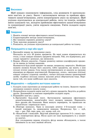 78
Висновок
Ùîá øâèäêî îïàíîâóâàòè іíôîðìàöіþ, ñëіä ðîçâèâàòè é âäîñêîíàëþ-
âàòè ïàì’ÿòü òà óâàãó. Çíàòè і çàñòîñîâóâàòè ìåòîäè òà ïðèéîìè åôåê-
òèâíîãî çàïàì’ÿòîâóâàííÿ, óìіòè êîíöåíòðóâàòè óâàãó íà ìàòåðіàëі. Ùîá
óñïіøíî ïіäãîòóâàòèñÿ äî êîíòðîëüíîї ðîáîòè, òåñòó ÷è іñïèòіâ, ïîòðіáíî
âìіòè ïëàíóâàòè ÷àñ, âîëîäіòè ïðèéîìàìè åôåêòèâíîãî çàïàì’ÿòîâóâàííÿ
òà êîíöåíòðàöії óâàãè, óìіòè êåðóâàòè åìîöіÿìè. Óìіòè ñêëàäàòè êàðòè
ïàì’ÿòі.
Завдання
1. Íàçâіòü îñíîâíі ìåòîäè åôåêòèâíîãî çàïàì’ÿòîâóâàííÿ.
2. Ñõàðàêòåðèçóéòå ìåòîäè çàïàì’ÿòîâóâàííÿ.
3. ßêі ÷èííèêè ñïðèÿþòü ðîçâèòêó óâàãè?
4. ×îìó âàæëèâî ðîçâèâàòè óâàãó?
5. Ðîçêàæіòü, ÿê óñïіøíî ïіäãîòóâàòèñÿ äî êîíòðîëüíîї ðîáîòè ÷è іñïèòó.
Попрацюйте в парі або групі
1. Âèêîíàéòå âïðàâó íà òðåíóâàííÿ óâàãè.
Ïîêëàäіòü íà ñòіë 10 ðіçíèõ ïðåäìåòіâ. Ïî ÷åðçі êîæåí âіäâåðòàєòüñÿ âіä
ñòîëà, à іíøі øâèäêî ìіíÿþòü ïðåäìåòè ìіñöÿìè. Òîé, õòî âіäâåðòàâñÿ, ðîç-
ãëÿäàє ïðåäìåòè і ðîçêàçóє, ùî çìіíèëîñÿ.
2. Âïðàâà «Ïîøóê àíàëîãіâ». Ñïðèÿє ðîçâèòêó âìіííÿ êëàñèôіêóâàòè ïðåäìå-
òè ÷è ÿâèùà çà їõíіìè îçíàêàìè.
Íàçèâàєòüñÿ áóäü-ÿêèé ïðåäìåò ÷è ÿâèùå, íàïðèêëàä «âåðòîëіò». Íåîáõіäíî
íàçâàòè ÿêîìîãà áіëüøå éîãî àíàëîãіâ, òîáòî ïðåäìåòіâ, ùî ìàþòü ç íèì
ñïіëüíі іñòîòíі îçíàêè. Ñëіä òàêîæ ñèñòåìàòèçóâàòè öі àíàëîãè çà ãðóïàìè
âіäïîâіäíî äî îáðàíèõ âëàñòèâîñòåé. Íàïðèêëàä, «ïòàõ», «ìåòåëèê» (ñïіëüíі
îçíàêè: ëіòàþòü і ñіäàþòü); «àâòîáóñ», «ïîòÿã» (ñïіëüíà îçíàêà: òðàíñïîðòíèé
çàñіá); «òóðáіíà» (ñïіëüíà îçíàêà: âàæëèâі äåòàëі îáåðòàþòüñÿ) òîùî. Ïåðå-
ìàãàє òîé, õòî íàçâå íàéáіëüøå ãðóï àíàëîãіâ.
Моделюйте — набувайте життєвих навичок
1. Ñêëàäіòü ïëàí ïіäãîòîâêè äî êîíòðîëüíîї ðîáîòè ÷è іñïèòó. Çàçíà÷òå òåðìіí
âèêîíàííÿ êîæíîãî ïóíêòó ïëàíó.
2. Ïîòðåíóéòåñÿ ñêëàäàòè êàðòè ïàì’ÿòі ç ðіçíèõ ïðåäìåòіâ. Çàëó÷іòü äî ðîáîòè
äðóçіâ. Äîïîâíþéòå òà âçàєìíî ïåðåâіðÿéòå ñêëàäåíі êàðòè.
3. Ðîçâèâàéòå ïàì’ÿòü і óâàãó.
1. Ïðî÷èòàéòå áóäü-ÿêèé òåêñò. Çàñòîñîâóþ÷è ïðèíöèïè åôåêòèâíîãî
çàïàì’ÿòîâóâàííÿ, çàïàì’ÿòàéòå òåêñò ÿêîìîãà øâèäøå. Ïåðåêàæіòü
éîãî äðóçÿì àáî áëèçüêèì. Âîíè ìîæóòü ïåðåâіðèòè, ÷è ïðàâèëüíî âè
çàïàì’ÿòàëè і ïåðåêàçàëè òåêñò.
2. «Ïîâòîðè íàâïàêè». Îäèí іç øêîëÿðіâ çà÷èòóє 1–2-ñêëàäîâі ñëîâà —
іíøèé ïîâòîðþє їõ, âèìîâëÿþ÷è íàâïàêè. Íàïðèêëàä: áóê — êóá,
ñèð — ðèñ. Ðàá, ñåðï, ðèì, ëóã, êàñèð, êóá, êіò.
3. «Çàïàì’ÿòàé і íàìàëþé». Âåäó÷èé äåìîíñòðóє ïðîòÿãîì 3–5 ñ íèçêó ïðî-
ñòèõ ãåîìåòðè÷íèõ ôіãóð. Ïіñëÿ öüîãî âñі іíøі âіäòâîðþþòü їõ ó çîøèòі
ïî ïàì’ÿòі.
Äëÿ óñêëàäíåííÿ âïðàâè êіëüêіñòü ôіãóð ìîæíà çáіëüøóâàòè, à òàêîæ
çìіíþâàòè їõ íà іíøі çíàéîìі îá’єêòè.
?
 