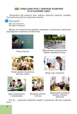 8
§2. ÑÎÖІÀËÜÍІ ÐÎËІ І ÆÈÒÒЄÂІ ÍÀÂÈ×ÊÈ
Â ÑÓ×ÀÑÍÎÌÓ ÑÂІÒІ
Äіçíàєòåñÿ ïðî ñîöіàëüíі ðîëі ëþäèíè; æèòòєâі íàâè÷êè, ïîòðіáíі
äëÿ ñîöіàëüíèõ ðîëåé ó ñó÷àñíîìó æèòòі
Пригадайте
Ùî òàêå íàâè÷êà?
ßê íàáóòè íàâè÷êè?
Çìàëêó âè äіçíàєòåñÿ ïðî ïðàâèëà ïîâåäіíêè â ñóñïіëüñòâі, íàâ÷àєòåñÿ
âіäïîâіäàëüíî ñòàâèòèñÿ äî îáîâ’ÿçêіâ.
Ó÷åíü ó÷èòüñÿ
Âåëîñèïåäèñò äîäåðæóєòüñÿ
Ïðàâèë äîðîæíüîãî ðóõó
×ëåíè ðîäèíè ïіêëóþòüñÿ
îäíå ïðî îäíîãî
Ëіêàð ëіêóє ïàöієíòіâ
Äðóçі ïіäòðèìóþòü
і äîïîìàãàþòü
Êîíäèòåð âèïіêàє
òіñòå÷êà
Äåðæàâíèé ïðàöіâíèê
âèêîíóє ïîñàäîâі
îáîâ’ÿçêè
Óñå öå — ïðèêëàäè ïîâåäіíêè ëþäåé ó ñóñïіëüñòâі, àáî їõíі ñîöіàëüíі
ðîëі.
!
 