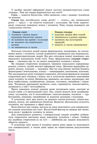 82
Ó çàñîáàõ ìàñîâîї іíôîðìàöії äåäàëі ÷àñòіøå âèêîðèñòîâóєòüñÿ ñëîâî
«ãåíäåð». ×èì æå ãåíäåð âіäðіçíÿєòüñÿ âіä ñòàòі?
Ñòàòü — ïîíÿòòÿ áіîëîãі÷íå, òîáòî âèçíà÷àє, êèì є ëþäèíà: ÷îëîâіêîì
÷è æіíêîþ.
Ãåíäåð (âіä àíãëіéñüêîãî ñëîâà gender — «ñòàòü», âіä ëàòèíñüêîãîr
genus — «ðіä») — öå ïîíÿòòÿ ñîöіàëüíå і êóëüòóðíå. Öå ñëîâî õàðàêòå-
ðèçóє ñîöіàëüíó ïîâåäіíêó æіíîê і ÷îëîâіêіâ. Òîìó ãåíäåð íàçèâàþòü ùå
«ñîöіàëüíîþ ñòàòòþ».
Îçíàêè ñòàòі:
 ÷îëîâіêè і æіíêè ìàþòü
âіäïîâіäíі áіîëîãі÷íі îçíàêè
 íå çàëåæàòü âіä êðàїíè і êóëüòóðè
 íå çàëåæàòü âіä çîâíіøíüîãî
âïëèâó
 íå çìіíþþòüñÿ іç ÷àñîì
Îçíàêè ãåíäåðà:
 âëàñòèâі ëþäÿì îáîõ ñòàòåé
 çìіíþþòüñÿ â ðіçíèõ êðàїíàõ
 çàëåæàòü âіä êóëüòóðíèõ
òðàäèöіé
 ìîæóòü іç ÷àñîì çìіíþâàòèñÿ
Îñêіëüêè ñòîñóíêè ëþäåé çäàâíà ôîðìóâàëèñÿ, íàñàìïåðåä, ÿê ñïіëêó-
âàííÿ æіíîê і ÷îëîâіêіâ, ñòàòåâі âіäìіííîñòі ïåðåâàæàëè íàä іíäèâіäóàëü-
íèìè õàðàêòåðèñòèêàìè ëþäåé. Âіä íèõ î÷іêóâàëè ïåâíîї ïîâåäіíêè, ÿêà
ââàæàëàñÿ âіäïîâіäíîþ їõíіé ñòàòі. Òîìó ñôîðìóâàëèñÿ ãåíäåðíі ñòåðåî-
òèïè — óÿâëåííÿ ïðî òå, ÿê ìàþòü ïîâîäèòèñÿ ÷îëîâіêè і æіíêè.
Íà ãåíäåðíі ñòåðåîòèïè âïëèâàþòü ÷èííèêè ñîöіàëüíîãî ñåðåäîâèùà:
ðîäèíà, ó÷èòåëі, çàñîáè ìàñîâîї іíôîðìàöії òîùî. Äіâ÷àòàì òðàäèöіéíî äà-
ðóþòü ëÿëüêè, õëîïöÿì — ìàøèíêè. Ïіä ÷àñ іãîð äіâ÷àòà ÷àñòіøå áóâàþòü
ìåäñåñòðàìè і â÷èòåëüêàìè, õëîïöі — êîìàíäèðàìè, êàïіòàíàìè, ïіëîòàìè.
Òàê çàêëàäàþòüñÿ ðіçíі ñòàíäàðòè ïîâåäіíêè, ïîñòóïîâî ôîðìóþ÷è ãåíäåðíі
ñòåðåîòèïíі ðîëі ÷îëîâіêà і æіíêè, ÿêі â ñóñïіëüñòâі ââàæàþòü âëàñòèâèìè
ëèøå ÷îëîâіêó ÷è æіíöі. Íàïðèêëàä, ââàæàþòü, ùî æіíêà, íàñàìïåðåä, ìàє
áóòè òóðáîòëèâîþ, õàçÿéíîâèòîþ, íіæíîþ, ÷óòëèâîþ, åìîöіéíîþ і ñêðîì-
íîþ. ×îëîâіêàì ïðèòàìàííі ìóæíіñòü, ñèëà, ñòðèìàíіñòü, íàïîëåãëèâіñòü,
óïåâíåíіñòü ó ñîáі і ÷åñòîëþáíіñòü.
Ïðîòå ïîâåäіíêà êîæíîї ëþäèíè ìîæå ïîєäíóâàòè ðèñè, âëàñòèâі íå
òіëüêè ñâîїé, à é ïðîòèëåæíіé ñòàòі. Òàê, æіíêè ìîæóòü áóòè õàçÿéíîâè-
òèìè, ÷óòëèâèìè, àëå é ÷åñòîëþáíèìè і íàïîëåãëèâèìè, ÷îëîâіêè — òóð-
áîòëèâèìè, íіæíèìè, åìîöіéíèìè òà âîäíî÷àñ ìóæíіìè і ñèëüíèìè.
Ó ñó÷àñíîìó ñâіòі âæå íіêîãî íå äèâóþòü æіíêè-ïîëіòèêè, æіíêè-àêà-
äåìіêè, æіíêè, ÿêі çàéìàþòüñÿ áіçíåñîì. Âîäíî÷àñ çáіëüøèëàñÿ êіëüêіñòü
÷îëîâіêіâ, ÿêі ïðàöþþòü ó ñôåðі ïîñëóã.
Êîëè éäåòüñÿ ïðî ãåíäåð, ìàєòüñÿ íà óâàçі ìîæëèâіñòü äëÿ ñàìîðåàëіçà-
öії ëþäèíè íåçàëåæíî âіä ñòàòі. Áіîëîãі÷íèé ôàêòîð íå çàâæäè ìàє âèçíà-
÷àòè äîëþ і ïðîôåñіþ ÷îëîâіêà òà æіíêè.
Äëÿ ïîâíîöіííîãî ðîçâèòêó і ñàìîðåàëіçàöії ëþäèíі ïîòðіáíî ïîçáóâà-
òèñÿ ñòåðåîòèïіâ ìèñëåííÿ ùîäî ïîâåäіíêè ÷îëîâіêіâ і æіíîê. Ñâîáîäà
âіä ïîäіáíèõ ñòåðåîòèïіâ (à ïî ñóòі — çàáîáîíіâ) äàє ëþäèíі ìîæëèâіñòü
çáåðåãòè çäîðîâ’ÿ.
Ó ñó÷àñíîìó ñâіòі æіíêè é ÷îëîâіêè ìàþòü ðіâíі ïðàâà òà ìîæëèâîñòі
äëÿ ñàìîðåàëіçàöії, à òàêîæ ðіâíі ïðàâà íà êîðèñòóâàííÿ ðåçóëüòàòàìè
ïðàöі.ð ö
 