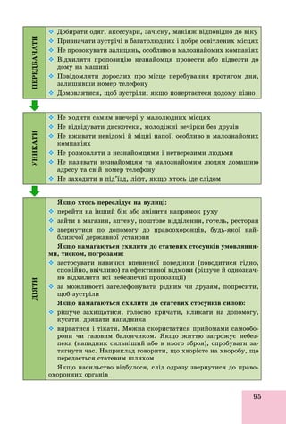 95
ÏÅÐÅÄÁÀ×ÀÒÈ  Äîáèðàòè îäÿã, àêñåñóàðè, çà÷іñêó, ìàêіÿæ âіäïîâіäíî äî âіêó
 Ïðèçíà÷àòè çóñòðі÷і â áàãàòîëþäíèõ і äîáðå îñâіòëåíèõ ìіñöÿõ
 Íå ïðîâîêóâàòè çàëèöÿíü, îñîáëèâî â ìàëîçíàéîìèõ êîìïàíіÿõ
 Âіäõèëÿòè ïðîïîçèöіþ íåçíàéîìöÿ ïðîâåñòè àáî ïіäâåçòè äî
äîìó íà ìàøèíі
 Ïîâіäîìëÿòè äîðîñëèõ ïðî ìіñöå ïåðåáóâàííÿ ïðîòÿãîì äíÿ,
çàëèøèâøè íîìåð òåëåôîíó
 Äîìîâëÿòèñÿ, ùîá çóñòðіëè, ÿêùî ïîâåðòàєòåñÿ äîäîìó ïіçíî

ÓÍÈÊÀÒÈ
 Íå õîäèòè ñàìèì ââå÷åðі ó ìàëîëþäíèõ ìіñöÿõ
 Íå âіäâіäóâàòè äèñêîòåêè, ìîëîäіæíі âå÷іðêè áåç äðóçіâ
 Íå âæèâàòè íåâіäîìі é ìіöíі íàïîї, îñîáëèâî â ìàëîçíàéîìèõ
êîìïàíіÿõ
 Íå ðîçìîâëÿòè ç íåçíàéîìöÿìè і íåòâåðåçèìè ëþäüìè
 Íå íàçèâàòè íåçíàéîìöÿì òà ìàëîçíàéîìèì ëþäÿì äîìàøíþ
àäðåñó òà ñâіé íîìåð òåëåôîíó
 Íå çàõîäèòè â ïіä’їçä, ëіôò, ÿêùî õòîñü іäå ñëіäîì

ÄІßÒÈ
ßêùî õòîñü ïåðåñëіäóє íà âóëèöі:
 ïåðåéòè íà іíøèé áіê àáî çìіíèòè íàïðÿìîê ðóõó
 çàéòè â ìàãàçèí, àïòåêó, ïîøòîâå âіääіëåííÿ, ãîòåëü, ðåñòîðàí
 çâåðíóòèñÿ ïî äîïîìîãó äî ïðàâîîõîðîíöіâ, áóäü-ÿêîї íàé-
áëèæ÷îї äåðæàâíîї óñòàíîâè
ßêùî íàìàãàþòüñÿ ñõèëèòè äî ñòàòåâèõ ñòîñóíêіâ óìîâëÿííÿ-
ìè, òèñêîì, ïîãðîçàìè:
 çàñòîñóâàòè íàâè÷êè âïåâíåíîї ïîâåäіíêè (ïîâîäèòèñÿ ãіäíî,
ñïîêіéíî, ââі÷ëèâî) òà åôåêòèâíîї âіäìîâè (ðіøó÷å é îäíîçíà÷-
íî âіäõèëèòè âñі íåáåçïå÷íі ïðîïîçèöії)
 çà ìîæëèâîñòі çàòåëåôîíóâàòè ðіäíèì ÷è äðóçÿì, ïîïðîñèòè,
ùîá çóñòðіëè
ßêùî íàìàãàþòüñÿ ñõèëèòè äî ñòàòåâèõ ñòîñóíêіâ ñèëîþ:
 ðіøó÷å çàõèùàòèñÿ, ãîëîñíî êðè÷àòè, êëèêàòè íà äîïîìîãó,
êóñàòè, äðÿïàòè íàïàäíèêà
 âèðâàòèñÿ і òіêàòè. Ìîæíà ñêîðèñòàòèñÿ ïðèéîìàìè ñàìîîáî-
ðîíè ÷è ãàçîâèì áàëîí÷èêîì. ßêùî æèòòþ çàãðîæóє íåáåç-
ïåêà (íàïàäíèê ñèëüíіøèé àáî â íüîãî çáðîÿ), ñïðîáóâàòè çà-
òÿãíóòè ÷àñ. Íàïðèêëàä ãîâîðèòè, ùî õâîðієòå íà õâîðîáó, ùî
ïåðåäàєòüñÿ ñòàòåâèì øëÿõîì
ßêùî íàñèëüñòâî âіäáóëîñÿ, ñëіä îäðàçó çâåðíóòèñÿ äî ïðàâî-
îõîðîííèõ îðãàíіâ
 