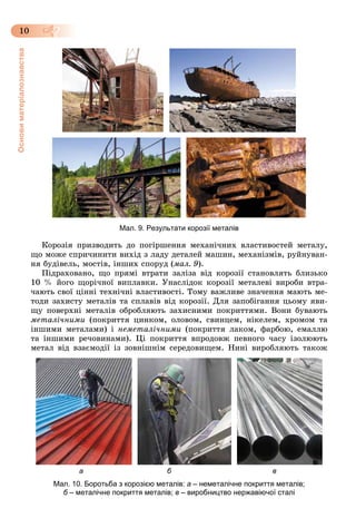 Основиматеріалознавства
10
Мал. 9. Результати корозії металів
Êîðîçіÿ ïðèçâîäèòü äî ïîãіðøåííÿ ìåõàíі÷íèõ âëàñòèâîñòåé ìåòàëó,
ùî ìîæå ñïðè÷èíèòè âèõіä ç ëàäó äåòàëåé ìàøèí, ìåõàíіçìіâ, ðóéíóâàí-
íÿ áóäіâåëü, ìîñòіâ, іíøèõ ñïîðóä (ìàë. 9).
Ïіäðàõîâàíî, ùî ïðÿìі âòðàòè çàëіçà âіä êîðîçії ñòàíîâëÿòü áëèçüêî
10 % éîãî ùîðі÷íîї âèïëàâêè. Óíàñëіäîê êîðîçії ìåòàëåâі âèðîáè âòðà-
÷àþòü ñâîї öіííі òåõíі÷íі âëàñòèâîñòі. Òîìó âàæëèâå çíà÷åííÿ ìàþòü ìå-
òîäè çàõèñòó ìåòàëіâ òà ñïëàâіâ âіä êîðîçії. Äëÿ çàïîáіãàííÿ öüîìó ÿâè-
ùó ïîâåðõíі ìåòàëіâ îáðîáëÿþòü çàõèñíèìè ïîêðèòòÿìè. Âîíè áóâàþòü
ìåòàëі÷íèìè (ïîêðèòòÿ öèíêîì, îëîâîì, ñâèíöåì, íіêåëåì, õðîìîì òà
іíøèìè ìåòàëàìè) і íåìåòàëі÷íèìè (ïîêðèòòÿ ëàêîì, ôàðáîþ, åìàëëþ
òà іíøèìè ðå÷îâèíàìè). Öі ïîêðèòòÿ âïðîäîâæ ïåâíîãî ÷àñó іçîëþþòü
ìåòàë âіä âçàєìîäії іç çîâíіøíіì ñåðåäîâèùåì. Íèíі âèðîáëÿþòü òàêîæ
а б в
Мал. 10. Боротьба з корозією металів: а – неметалічне покриття металів;
б – металічне покриття металів;б в – виробництво нержавіючої сталі
 