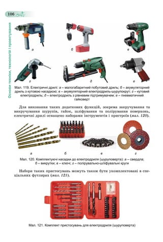 Основитехніки,технологійіпроектування
106
а
г
б
д
в
е
Мал. 119. Електричні дрилі: а – малогабаритний побутовий дриль; б – акумуляторнийб
дриль з кутовою насадкою; в – акумуляторний електродриль-шурупокрут; г – кутовий
електродриль; д – електродриль з рівневим підтримувачем; е – пневматичний
гайковерт
Äëÿ âèêîíàííÿ òàêèõ äîäàòêîâèõ ôóíêöіé, çîêðåìà çàêðó÷óâàííÿ òà
âèêðó÷óâàííÿ øóðóïіâ, ãàéîê, øëіôóâàííÿ òà ïîëіðóâàííÿ ïîâåðõîíü,
åëåêòðè÷íі äðèëі îñíàùåíî íàáîðàìè іíñòðóìåíòіâ і ïðèñòðîїâ (ìàë. 120).
а б в г
Мал. 120. Комплектуючі насадки до електродриля (шуруповерта): а – свердла;
б – викрутки;б в – ключі; г – полірувально-шліфувальні круги
Íàáîðè òàêèõ ïðèñòîñóâàíü ìîæóòü òàêîæ áóòè óêîìïëåêòîâàíі â ñïå-
öіàëüíèõ ôóòëÿðàõ (ìàë. 121).
Мал. 121. Комплект пристосувань для електродриля (шуруповерта)
 