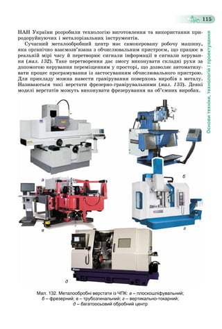 Основитехніки,технологійіпроектування
115
ÍÀÍ Óêðàїíè ðîçðîáèëè òåõíîëîãіþ âèãîòîâëåííÿ òà âèêîðèñòàííÿ ïðè-
ðîäîðóéíóþ÷èõ і ìåòàëîðіçàëüíèõ іíñòðóìåíòіâ.
Ñó÷àñíèé ìåòàëîîáðîáíèé öåíòð ìàє ñàìîêåðîâàíó ðîáî÷ó ìàøèíó,
ÿêà îðãàíі÷íî âçàєìîçâ’ÿçàíà ç îá÷èñëþâàëüíèì ïðèñòðîєì, ùî ïðàöþє â
ðåàëüíіé ìіðі ÷àñó é ïåðåòâîðþє ñèãíàëè іíôîðìàöії â ñèãíàëè êåðóâàí-
íÿ (ìàë. 132). Òàêå ïåðåòâîðåííÿ äàє çìîãó âèêîíóâàòè ñêëàäíі ðóõè çà
äîïîìîãîþ êåðóâàííÿ ïåðåìіùåííÿì ó ïðîñòîðі, ùî äîçâîëÿє àâòîìàòèçó-
âàòè ïðîöåñ ïðîãðàìóâàííÿ іç çàñòîñóâàííÿì îá÷èñëþâàëüíîãî ïðèñòðîþ.
Äëÿ ïðèêëàäó ìîæíà íàâåñòè ãðàâіðóâàííÿ ïîâåðõîíü âèðîáіâ ç ìåòàëó.
Íàçèâàþòüñÿ òàêі âåðñòàòè ôðåçåðíî-ãðàâіðóâàëüíèìè (ìàë. 133). Äåÿêі
ìîäåëі âåðñòàòіâ ìîæóòü âèêîíóâàòè ôðåçåðóâàííÿ íà îá’єìíèõ âèðîáàõ.
а
в
д
б
г
Мал. 132. Металообробні верстати із ЧПК: а – плоскошліфувальний;
б – фрезерний; в – трубозгинальний; г – вертикально-токарний;
д – багатоосьовий обробний центр
 