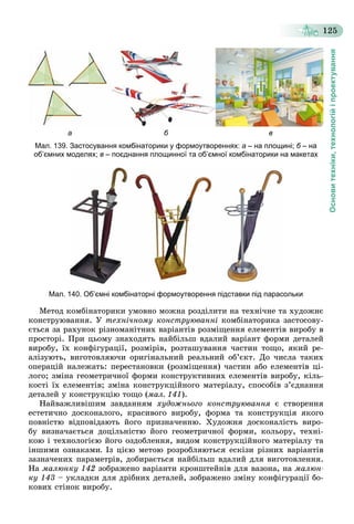 Основитехніки,технологійіпроектування
125
а б в
Мал. 139. Застосування комбінаторики у формоутвореннях: а – на площині; б – наб
об’ємних моделях; в – поєднання площинної та об’ємної комбінаторики на макетах
Мал. 140. Об’ємні комбінаторні формоутворення підставки під парасольки
Ìåòîä êîìáіíàòîðèêè óìîâíî ìîæíà ðîçäіëèòè íà òåõíі÷íå òà õóäîæíє
êîíñòðóþâàííÿ. Ó òåõíі÷íîìó êîíñòðóþâàííі êîìáіíàòîðèêà çàñòîñîâó-
єòüñÿ çà ðàõóíîê ðіçíîìàíіòíèõ âàðіàíòіâ ðîçìіùåííÿ åëåìåíòіâ âèðîáó â
ïðîñòîðі. Ïðè öüîìó çíàõîäÿòü íàéáіëüø âäàëèé âàðіàíò ôîðìè äåòàëåé
âèðîáó, їõ êîíôіãóðàöії, ðîçìіðіâ, ðîçòàøóâàííÿ ÷àñòèí òîùî, ÿêèé ðå-
àëіçóþòü, âèãîòîâëÿþ÷è îðèãіíàëüíèé ðåàëüíèé îá’єêò. Äî ÷èñëà òàêèõ
îïåðàöіé íàëåæàòü: ïåðåñòàíîâêè (ðîçìіùåííÿ) ÷àñòèí àáî åëåìåíòіâ öі-
ëîãî; çìіíà ãåîìåòðè÷íîї ôîðìè êîíñòðóêòèâíèõ åëåìåíòіâ âèðîáó, êіëü-
êîñòі їõ åëåìåíòіâ; çìіíà êîíñòðóêöіéíîãî ìàòåðіàëó, ñïîñîáіâ ç’єäíàííÿ
äåòàëåé ó êîíñòðóêöіþ òîùî (ìàë. 141).
Íàéâàæëèâіøèì çàâäàííÿì õóäîæíüîãî êîíñòðóþâàííÿ є ñòâîðåííÿ
åñòåòè÷íî äîñêîíàëîãî, êðàñèâîãî âèðîáó, ôîðìà òà êîíñòðóêöіÿ ÿêîãî
ïîâíіñòþ âіäïîâіäàþòü éîãî ïðèçíà÷åííþ. Õóäîæíÿ äîñêîíàëіñòü âèðî-
áó âèçíà÷àєòüñÿ äîöіëüíіñòþ éîãî ãåîìåòðè÷íîї ôîðìè, êîëüîðó, òåõíі-
êîþ і òåõíîëîãієþ éîãî îçäîáëåííÿ, âèäîì êîíñòðóêöіéíîãî ìàòåðіàëó òà
іíøèìè îçíàêàìè. Іç öієþ ìåòîþ ðîçðîáëÿþòüñÿ åñêіçè ðіçíèõ âàðіàíòіâ
çàçíà÷åíèõ ïàðàìåòðіâ, äîáèðàєòüñÿ íàéáіëüø âäàëèé äëÿ âèãîòîâëåííÿ.
Íà ìàëþíêó 142 çîáðàæåíî âàðіàíòè êðîíøòåéíіâ äëÿ âàçîíà, íà ìàëþí-
êó 143 – óêëàäêè äëÿ äðіáíèõ äåòàëåé, çîáðàæåíî çìіíó êîíôіãóðàöії áî-
êîâèõ ñòіíîê âèðîáó.
 