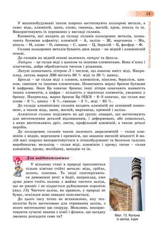 Основиматеріалознавства
13
Ó ìàøèíîáóäóâàííі òàêîæ øèðîêî çàñòîñîâóþòü êîëüîðîâі ìåòàëè, à
ñàìå: ìіäü, àëþìіíіé, öèíê, îëîâî, ñâèíåöü, ìàãíіé, õðîì, íіêåëü òà іí.
Âèêîðèñòîâóþòü їõ ïåðåâàæíî ó âèãëÿäі ñïëàâіâ.
Åëåìåíòè, ÿêі âõîäÿòü äî ñêëàäó ñïëàâіâ êîëüîðîâèõ ìåòàëіâ, ïîçíà-
÷àþòü áóêâàìè àëôàâіòó: àëþìіíіé – À, çàëіçî – Æ, ìàðãàíåöü – Ìö,
íіêåëü – Í, îëîâî – Î, ñâèíåöü – Ñ, öèíê – Ö, áåðèëіé – Á, ôîñôîð – Ô.
Ñïëàâè êîëüîðîâèõ ìåòàëіâ áóâàþòü äâîõ âèäіâ – íà ìіäíіé і àëþìіíієâіé
îñíîâі.
Äî ñïëàâіâ íà ìіäíіé îñíîâі íàëåæàòü ëàòóíі òà áðîíçè.
Ëàòóíü – öå ñïëàâ ìіäі ç öèíêîì òà іíøèìè åëåìåíòàìè. Âîíà â’ÿçêà і
ïëàñòè÷íà, äîáðå îáðîáëÿєòüñÿ òèñêîì і ðіçàííÿì.
Ëàòóíі ïîçíà÷àþòü ëіòåðîþ Ë і ÷èñëîì, ùî îçíà÷àє âìіñò ìіäі. Íàïðè-
êëàä, ëàòóíü ìàðêè Ë80 ìіñòèòü 80 % ìіäі òà 20 % öèíêó.
Áðîíçà – öå ñïëàâ ìіäі ç îëîâîì, àëþìіíієì, íіêåëåì, áåðèëієì, öèí-
êîì, ñâèíöåì òà іíøèìè åëåìåíòàìè. Ïîçíà÷àþòü ìàðêó áðîíçè áóêâàìè
é öèôðàìè. Çíàê Áð îçíà÷àє áðîíçà; іíøі ëіòåðè îçíà÷àþòü íàÿâíіñòü
іíøèõ åëåìåíòіâ, à öèôðè – êіëüêіñòü ó âіäñîòêàõ åëåìåíòіâ, óâåäåíèõ ó
áðîíçó. Íàïðèêëàä, ìàðêà áðîíçè Áð ÎÖÑ6 – 6–3 îçíà÷àє, ùî ñïëàâ ìàє
îëîâà – 6 %, öèíêó – 6 %, ñâèíöþ – 3 %, ìіäі – 85 %.
Äî ñêëàäó àëþìіíієâèõ ñïëàâіâ âõîäèòü àëþìіíіé ÿê îñíîâíèé êîìïî-
íåíò, à òàêîæ ìіäü, öèíê, ìàãíіé, ìàðãàíåöü, êðåìíіé і çàëіçî.
Àëþìіíієâі ñïëàâè ïîäіëÿþòü íà äâі ãðóïè: ëèâàðíі, ùî çàñòîñîâóþòü
äëÿ âèãîòîâëåííÿ äåòàëåé âіäëèâàííÿì, і äåôîðìîâàíі, àáî êîâàëüñüêі,
ç ÿêèõ âèãîòîâëÿþòü äðіò, ëèñòè, ïðîôіëüíèé àëþìіíіé, à òàêîæ äåòàëі
âèðîáіâ.
Äî êîëüîðîâèõ ñïëàâіâ òàêîæ íàëåæàòü äþðàëþìіíіé – ñïëàâ àëþ-
ìіíіþ ç ìіääþ, ìàðãàíöåì і êðåìíієì, ùî çàâäÿêè âèñîêіé ìіöíîñòі é ìà-
ëіé ìàñі øèðîêî âèêîðèñòîâóєòüñÿ â ëіòàêîáóäóâàííі òà áàãàòüîõ ãàëóçÿõ
âèðîáíèöòâà; ìåëüõіîð – ñïëàâ ìіäі, àëþìіíіþ і õðîìó; òèòàí – ñïëàâ
àëþìіíіþ, õðîìó, ìîëіáäåíó, âàíàäіþ òà іí.
Ó âіëüíîìó ñòàíі â ïðèðîäі òðàïëÿþòüñÿ
òіëüêè õіìі÷íî ñòіéêі ìåòàëè: ìіäü, ñðіáëî,
çîëîòî, ïëàòèíà. Òà іíîäі ñïîñòåðіãàþòü-
ñÿ äèâîâèæíі ðå÷і: â Іíäії, íàïðèêëàä, óæå
äóæå äîâãî ñòîїòü êîëîíà ç ìàéæå ÷èñòîãî çàëіçà,
ùî íå ðæàâіє і íå ïіääàєòüñÿ ðóéíóâàííþ êîðîçієþ
(ìàë. 13). ×èñòîãî çàëіçà, ÿê ïðàâèëî, ó ïðèðîäі íå
áóâàє, îñêіëüêè âîíî øâèäêî îêèñëþєòüñÿ.
Äî öüîãî ÷àñó òî÷íî íå âñòàíîâëåíî, ÿêó òåõ-
íîëîãіþ áóëî çàñòîñîâàíî äëÿ îòðèìàííÿ çàëіçà, ç
ÿêîãî âèãîòîâëåíî öþ ñïîðóäó. Ìîæëèâî, âèêîðèñ-
òîâóþ÷è ñó÷àñíі çíàííÿ ç õіìії і ôіçèêè, öþ çàãàäêó
çìîæåø ðîçãàäàòè ñàìå òè? Мал. 13. Колона
із заліза. Індія
Äëÿ íàéäîïèòëèâіøèõ
 