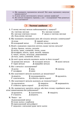 Основиматеріалознавства
15
Тестові завдання
1. Ó ÿêîìó âèãëÿäі ìåòàëè íàéïîøèðåíіøі ó ïðèðîäі?
À ó ÷èñòîìó âèãëÿäі Á ó âèãëÿäі ñïëàâіâ
Â ó âèãëÿäі õіìі÷íèõ ñïîëóê Ã çðіäêà â ÷èñòîìó âèãëÿäі
Ä ó áóäü-ÿêîìó âèãëÿäі
2. Ùî íàçèâàþòü ïîєäíàííÿì äâîõ àáî êіëüêîõ ìåòàëіâ ç íåìåòàëàìè?
À ñïëàâ Á ÷îðíèé ìåòàë
Â êîëüîðîâèé ìåòàë Ã õіìі÷íó ñïîëóêó ìåòàëіâ
3. ßêèé ç íàâåäåíèõ ïåðåëіêіâ ìіñòèòü íàçâè ÷èñòèõ ìåòàëіâ?
À ìіäü, áðîíçà, ëàòóíü, ñèëóìіí
Á çàëіçî, öèíê, àëþìіíіé, òèòàí, îëîâî
Â âîëüôðàì, íіêåëü, õðîì, ìàãíіé, ñâèíåöü
Ã ÷àâóí, ëàòóíü, ìåëüõіîð, äþðàëþìіíіé
Ä ñòàëü, öèíê, àëþìіíіé, íіêåëü
4. Äî ÿêîї ãðóïè ìåòàëіâ íàëåæàòü çàëіçî òà éîãî ñïëàâè?
À ïðîìèñëîâі ìåòàëè Á êîëüîðîâі ìåòàëè Â âàæêі ìåòàëè
Ã ÷îðíі ìåòàëè Ä ïåðåðîáíі ìåòàëè
5. ßêі ç ìåòàëіâ є êîëüîðîâèìè?
À çàëіçî Á ìіäü Â ñâèíåöü
Ã âîëüôðàì Ä öèíê
6. ßêі âëàñòèâîñòі ìåòàëіâ íàëåæàòü äî ìåõàíі÷íèõ?
À ìіöíіñòü Á òåïëîïðîâіäíіñòü Â ïðóæíіñòü
Ã ïëàñòè÷íіñòü Ä ñòіéêіñòü ïðîòè êîðîçії
7. ßêі âëàñòèâîñòі ìåòàëіâ íàëåæàòü äî òåõíîëîãі÷íèõ?
À ïëàñòè÷íіñòü Á òâåðäіñòü Â çâàðþâàíіñòü
Ã ñòіéêіñòü ïðîòè êîðîçії Ä òåêó÷іñòü
8. ßê íàçèâàєòüñÿ çäàòíіñòü ìåòàëó àáî éîãî ñïëàâó ñïðèéìàòè ìåõà-
íі÷íі íàâàíòàæåííÿ áåç ðóéíóâàííÿ?
À ïðóæíіñòü Á ïëàñòè÷íіñòü Â òâåðäіñòü
Ã â’ÿçêіñòü Ä ìіöíіñòü
9. ×àâóí – öå:
À ðîçïëàâëåíèé ìåòàë
Á ñïëàâ çàëіçà ç êàðáîíîì
Â ïåðåïëàâëåíèé ìåòàëîáðóõò
Ã âèäàëåíå ç ìåòàëåâîї ðóäè ÷èñòå çàëіçî
4. Ùî íàçèâàþòü ñîðòàìåíòîì ìåòàëіâ? ßêі âèäè ñîðòàìåíòó âèïóñêàє
ïðîìèñëîâіñòü?
5. Ç ÿêîþ ìåòîþ âèãîòîâëÿþòü ìåòàëè ç ðіçíèì ïðîôіëåì?
6. ßêі ìåòàëè íàçèâàþòü ÷îðíèìè, à ÿêі – êîëüîðîâèìè? ×èì ðіçíÿòüñÿ
їõíі âëàñòèâîñòі?
 