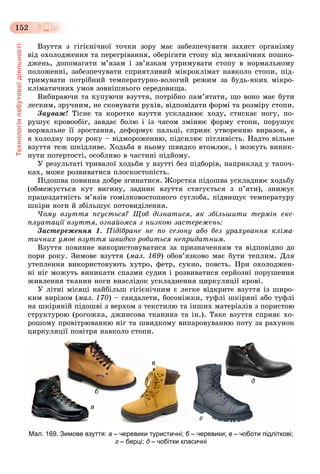 Технологіяпобутовоїдіяльності
152
Âçóòòÿ ç ãіãієíі÷íîї òî÷êè çîðó ìàє çàáåçïå÷óâàòè çàõèñò îðãàíіçìó
âіä îõîëîäæåííÿ òà ïåðåãðіâàííÿ, îáåðіãàòè ñòîïó âіä ìåõàíі÷íèõ ïîøêî-
äæåíü, äîïîìàãàòè ì’ÿçàì і çâ’ÿçêàì óòðèìóâàòè ñòîïó â íîðìàëüíîìó
ïîëîæåííі, çàáåçïå÷óâàòè ñïðèÿòëèâèé ìіêðîêëіìàò íàâêîëî ñòîïè, ïіä-
òðèìóâàòè ïîòðіáíèé òåìïåðàòóðíî-âîëîãèé ðåæèì çà áóäü-ÿêèõ ìіêðî-
êëіìàòè÷íèõ óìîâ çîâíіøíüîãî ñåðåäîâèùà.
Âèáèðàþ÷è òà êóïóþ÷è âçóòòÿ, ïîòðіáíî ïàì’ÿòàòè, ùî âîíî ìàє áóòè
ëåãêèì, çðó÷íèì, íå ñêîâóâàòè ðóõіâ, âіäïîâіäàòè ôîðìі òà ðîçìіðó ñòîïè.
Çàóâàæ! Òіñíå òà êîðîòêå âçóòòÿ óñêëàäíþє õîäó, ñòèñêàє íîãó, ïî-
ðóøóє êðîâîîáіã, çàâäàє áîëþ і іç ÷àñîì çìіíþє ôîðìó ñòîïè, ïîðóøóє
íîðìàëüíå її çðîñòàííÿ, äåôîðìóє ïàëüöі, ñïðèÿє óòâîðåííþ âèðàçîê, à
â õîëîäíó ïîðó ðîêó – âіäìîðîæåííþ, ïіäñèëþє ïіòëèâіñòü. Íàäòî âіëüíå
âçóòòÿ òåæ øêіäëèâå. Õîäüáà â íüîìó øâèäêî âòîìëþє, і ìîæóòü âèíèê-
íóòè ïîòåðòîñòі, îñîáëèâî â ÷àñòèíі ïіäéîìó.
Ó ðåçóëüòàòі òðèâàëîї õîäüáè ó âçóòòі áåç ïіäáîðіâ, íàïðèêëàä ó òàïî÷-
êàõ, ìîæå ðîçâèâàòèñÿ ïëîñêîñòîïіñòü.
Ïіäîøâà ïîâèííà äîáðå çãèíàòèñÿ. Æîðñòêà ïіäîøâà óñêëàäíþє õîäüáó
(îáìåæóєòüñÿ êóò âèãèíó, çàäíèê âçóòòÿ ñòÿãóєòüñÿ ç ï’ÿòè), çíèæóє
ïðàöåçäàòíіñòü ì’ÿçіâ ãîìіëêîâîñòîïíîãî ñóãëîáà, ïіäâèùóє òåìïåðàòóðó
øêіðè íîãè é çáіëüøóє ïîòîâèäіëåííÿ.
×îìó âçóòòÿ ïñóєòüñÿ? Ùîá äіçíàòèñÿ, ÿê çáіëüøèòè òåðìіí åêñ-
ïëóàòàöії âçóòòÿ, îçíàéîìñÿ ç íèçêîþ çàñòåðåæåíü:
Çàñòåðåæåííÿ 1. Ïіäіáðàíå íå ïî ñåçîíó àáî áåç óðàõóâàííÿ êëіìà-
òè÷íèõ óìîâ âçóòòÿ øâèäêî ðîáèòüñÿ íåïðèäàòíèì.
Âçóòòÿ ïîâèííå âèêîðèñòîâóâàòèñÿ çà ïðèçíà÷åííÿì òà âіäïîâіäíî äî
ïîðè ðîêó. Çèìîâå âçóòòÿ (ìàë. 169) îáîâ’ÿçêîâî ìàє áóòè òåïëèì. Äëÿ
óòåïëåííÿ âèêîðèñòîâóþòü õóòðî, ôåòð, ñóêíî, ïîâñòü. Ïðè îõîëîäæåí-
íі íіã ìîæóòü âèíèêàòè ñïàçìè ñóäèí і ðîçâèâàòèñÿ ñåðéîçíі ïîðóøåííÿ
æèâëåííÿ òêàíèí íîãè âíàñëіäîê óñêëàäíåííÿ öèðêóëÿöії êðîâі.
Ó ëіòíі ìіñÿöі íàéáіëüø ãіãієíі÷íèì є ëåãêå âіäêðèòå âçóòòÿ іç øèðî-
êèì âèðіçîì (ìàë. 170) – ñàíäàëåòè, áîñîíіæêè, òóôëі øêіðÿíі àáî òóôëі
íà øêіðÿíіé ïіäîøâі ç âåðõîì ç òåêñòèëþ òà іíøèõ ìàòåðіàëіâ ç ïîðèñòîþ
ñòðóêòóðîþ (ðîãîæêà, äæèíñîâà òêàíèíà òà іí.). Òàêå âçóòòÿ ñïðèÿє õî-
ðîøîìó ïðîâіòðþâàííþ íіã òà øâèäêîìó âèïàðîâóâàííþ ïîòó çà ðàõóíîê
öèðêóëÿöії ïîâіòðÿ íàâêîëî ñòîïè.
б
д
а
в
г
Мал. 169. Зимове взуття: а – черевики туристичні; б – черевики;б в – чоботи підліткові;
г – берці; д – чобітки класичні
 