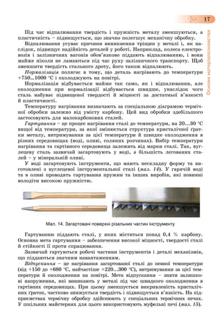 Основиматеріалознавства
17
Ïіä ÷àñ âіäïàëþâàííÿ òâåðäіñòü і ïðóæíіñòü ìåòàëó çìåíøóþòüñÿ, à
ïëàñòè÷íіñòü – ïіäâèùóєòüñÿ, ùî çíà÷íî ïîëåãøóє ìåõàíі÷íó îáðîáêó.
Âіäïàëþâàííÿ óñóâàє ïðè÷èíè âèíèêíåííÿ òðіùèí ó ìåòàëі і, ÿê íà-
ñëіäîê, ïіäâèùóє íàäіéíіñòü äåòàëåé ó ðîáîòі. Íàïðèêëàä, êîëåñà åëåêòðî-
âîçіâ і çàëіçíè÷íèõ âàãîíіâ îáîâ’ÿçêîâî ïіääàþòü âіäïàëþâàííþ, і âîíè
ìàéæå íіêîëè íå ëàìàþòüñÿ ïіä ÷àñ ðóõó çàëіçíè÷íîãî òðàíñïîðòó. Ùîá
çìåíøèòè òâåðäіñòü ñòàëüíîãî äðîòó, éîãî òàêîæ âіäïàëþþòü.
Íîðìàëіçàöіÿ ïîëÿãàє â òîìó, ùî äåòàëü íàãðіâàþòü äî òåìïåðàòóðè
+750…1000 Ñ і îõîëîäæóþòü íà ïîâіòðі.
Íîðìàëіçàöіÿ âіäáóâàєòüñÿ ìàéæå òàê ñàìî, ÿê і âіäïàëþâàííÿ, àëå
îõîëîäæåííÿ ïðè íîðìàëіçàöії âіäáóâàєòüñÿ øâèäøå, óíàñëіäîê ÷îãî
ñòàëü íàáóâàє ïіäâèùåíîї òâåðäîñòі é ìіöíîñòі çà äîñòàòíüîї â’ÿçêîñòі
é ïëàñòè÷íîñòі.
Òåìïåðàòóðó íàãðіâàííÿ âèçíà÷àþòü çà ñïåöіàëüíîþ äіàãðàìîþ òåðìі÷-
íîї îáðîáêè çàëåæíî âіä óìіñòó êàðáîíó. Öåé âèä îáðîáêè çäåáіëüøîãî
çàñòîñîâóþòü äëÿ ìàëîêàðáîíîâèõ ñòàëåé.
Ãàðòóâàííÿ – öå ïðîöåñ íàãðіâàííÿ ñòàëі äî òåìïåðàòóðè, íà 20...30ÿ Ñ
âèùîї âіä òåìïåðàòóðè, çà ÿêîї çìіíþєòüñÿ ñòðóêòóðà êðèñòàëі÷íîї ґðàò-
êè ìåòàëó, âèòðèìóâàííÿ çà öієї òåìïåðàòóðè é øâèäêå îõîëîäæåííÿ â
ðіçíèõ ñåðåäîâèùàõ (âîäі, îëèâі, ñîëÿíèõ ðîç÷èíàõ). Âèáіð òåìïåðàòóðè
íàãðіâàííÿ òà ãàðòіâíîãî ñåðåäîâèùà çàëåæèòü âіä ìàðêè ñòàëі. Òàê, âóã-
ëåöåâó ñòàëü çàçâè÷àé çàãàðòîâóþòü ó âîäі, à áіëüøіñòü ëåãîâàíèõ ñòà-
ëåé – ó ìіíåðàëüíіé îëèâі.
Ó âîäі çàãàðòîâóþòü іíñòðóìåíòè, ùî ìàþòü íåñêëàäíó ôîðìó òà âè-
ãîòîâëåíі ç âóãëåöåâîї іíñòðóìåíòàëüíîї ñòàëі (ìàë. 14). Ó ãàðÿ÷іé âîäі
òà â îëèâі ïðîâîäÿòü ãàðòóâàííÿ ïðóæèí òà іíøèõ âèðîáіâ, ÿêі ïîâèííі
âîëîäіòè âèñîêîþ ïðóæíіñòþ.
Мал. 14. Загартовані поверхні різальних частин інструменту
Ãàðòóâàííþ ïіääàþòü ñòàëі, ó ÿêèõ ìіñòèòüñÿ ïîíàä 0,4 % êàðáîíó.
Îñíîâíà ìåòà ãàðòóâàííÿ – çàáåçïå÷åííÿ âèñîêîї ìіöíîñòі, òâåðäîñòі ñòàëі
é ñòіéêîñòі її ïðîòè ñïðàöþâàííÿ.
Çàçâè÷àé ãàðòóþòüñÿ ðîáî÷і ÷àñòèíè іíñòðóìåíòіâ і äåòàëі ìåõàíіçìіâ,
ùî ïіääàþòüñÿ çíà÷íèì íàâàíòàæåííÿì.
Âіäïóñêàííÿ – öå íàãðіâàííÿ çàãàðòîâàíîї ñòàëі äî ïåâíîї òåìïåðàòóðèÿ
(âіä +150 äî +680 Ñ, íàé÷àñòіøå +220...300 Ñ), âèòðèìóâàííÿ çà öієї òåì-
ïåðàòóðè é îõîëîäæåííÿ íà ïîâіòðі. Ìåòà âіäïóñêàííÿ – çíÿòè çàëèøêî-
âі íàïðóæåííÿ, ÿêі âèíèêàþòü ó ìåòàëі ïіä ÷àñ øâèäêîãî îõîëîäæåííÿ â
ãàðòіâíèõ ñåðåäîâèùàõ. Ïðè öüîìó çìåíøóєòüñÿ âèêðèâëåíіñòü êðèñòàëі÷-
íèõ ґðàòîê, ÷àñòêîâî çíèæóєòüñÿ òâåðäіñòü і ïіäâèùóєòüñÿ â’ÿçêіñòü. Íà ïіä-
ïðèєìñòâàõ òåðìі÷íó îáðîáêó çäіéñíþþòü ó ñïåöіàëüíèõ òåðìі÷íèõ ïå÷àõ.
Ó øêіëüíèõ ìàéñòåðíÿõ äëÿ öüîãî âèêîðèñòîâóþòü ìóôåëüíі ïå÷і (ìàë. 15).
 