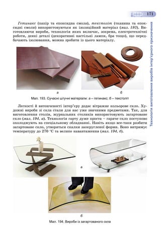 Технологіявиготовленнявиробівінтер’єрногопризначення
171
Ãåòèíàêñ (ïàïіð òà åïîêñèäíà ñìîëà), òåêñòîëіò (òêàíèíà òà åïîê-
ñèäíі ñìîëè) âèêîðèñòîâóþòüñÿ ÿê іçîëÿöіéíèé ìàòåðіàë (ìàë. 193). Âè-
ãîòîâëÿþ÷è âèðîáè, òåõíîëîãіÿ ÿêèõ âêëþ÷àє, çîêðåìà, åëåêòðîòåõíі÷íі
ðîáîòè, äåÿêі äåòàëі (äåêîðàòèâíі íàñòіëüíі ëàìïè, áðà òîùî), ùî ïåðåä-
áà÷àþòü іçîëþâàííÿ, ìîæíà çðîáèòè іç öüîãî ìàòåðіàëó.
а б
Мал. 193. Сучасні штучні матеріали: а – гетинакс; б – текстолітб
Ëåãêîñòі é âèòîí÷åíîñòі іíòåð’єðó äîäàє âіòðàæíå êîëüîðîâå ñêëî. Õó-
äîæíі âèðîáè çі ñêëà ñòàëè äëÿ íàñ óæå çâè÷íèìè ïðåäìåòàìè. Òàê, äëÿ
âèãîòîâëåííÿ ñòîëіâ, æóðíàëüíèõ ñòîëèêіâ âèêîðèñòîâóþòü çàãàðòîâàíå
ñêëî (ìàë. 194, à). Òåõíîëîãіÿ ãàðòó äóæå ïðîñòà – ãàðÿ÷å ñêëî ïîñòóïîâî
îõîëîäæóþòü íà ñïåöіàëüíîìó îáëàäíàííі. Íàâіòü ÿêùî âñå-òàêè ðîçáèòè
çàãàðòîâàíå ñêëî, óòâîðÿòüñÿ ñêàëêè çàîêðóãëåíîї ôîðìè. Âîíî âèòðèìóє
òåìïåðàòóðó äî 270 Ñ òà âåëèêå íàâàíòàæåííÿ (ìàë. 194, á).
б
Мал. 194. Вироби із загартованого скла
а
 