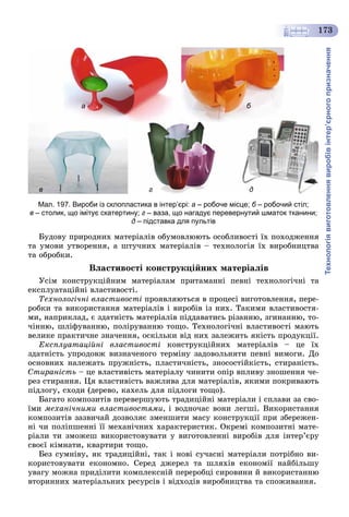 Технологіявиготовленнявиробівінтер’єрногопризначення
173
а
в г д
б
Мал. 197. Вироби із склопластика в інтер’єрі: а – робоче місце; б – робочий стіл;б
в – столик, що імітує скатертину; г – ваза, що нагадує перевернутий шматок тканини;
д – підставка для пультів
Áóäîâó ïðèðîäíèõ ìàòåðіàëіâ îáóìîâëþþòü îñîáëèâîñòі їõ ïîõîäæåííÿ
òà óìîâè óòâîðåííÿ, à øòó÷íèõ ìàòåðіàëіâ – òåõíîëîãіÿ їõ âèðîáíèöòâà
òà îáðîáêè.
Âëàñòèâîñòі êîíñòðóêöіéíèõ ìàòåðіàëіâ
Óñіì êîíñòðóêöіéíèì ìàòåðіàëàì ïðèòàìàííі ïåâíі òåõíîëîãі÷íі òà
åêñïëóàòàöіéíі âëàñòèâîñòі.
Òåõíîëîãі÷íі âëàñòèâîñòі ïðîÿâëÿþòüñÿ â ïðîöåñі âèãîòîâëåííÿ, ïåðå-
ðîáêè òà âèêîðèñòàííÿ ìàòåðіàëіâ і âèðîáіâ іç íèõ. Òàêèìè âëàñòèâîñòÿ-
ìè, íàïðèêëàä, є çäàòíіñòü ìàòåðіàëіâ ïіääàâàòèñü ðіçàííþ, çãèíàííþ, òî-
÷іííþ, øëіôóâàííþ, ïîëіðóâàííþ òîùî. Òåõíîëîãі÷íі âëàñòèâîñòі ìàþòü
âåëèêå ïðàêòè÷íå çíà÷åííÿ, îñêіëüêè âіä íèõ çàëåæèòü ÿêіñòü ïðîäóêöії.
Åêñïëóàòàöіéíі âëàñòèâîñòі êîíñòðóêöіéíèõ ìàòåðіàëіâ – öå їõ
çäàòíіñòü óïðîäîâæ âèçíà÷åíîãî òåðìіíó çàäîâîëüíÿòè ïåâíі âèìîãè. Äî
îñíîâíèõ íàëåæàòü ïðóæíіñòü, ïëàñòè÷íіñòü, çíîñîñòіéêіñòü, ñòèðàíіñòü.
Ñòèðàíіñòü – öå âëàñòèâіñòü ìàòåðіàëó ÷èíèòè îïіð âïëèâó çíîøåííÿ ÷å-
ðåç ñòèðàííÿ. Öÿ âëàñòèâіñòü âàæëèâà äëÿ ìàòåðіàëіâ, ÿêèìè ïîêðèâàþòü
ïіäëîãó, ñõîäè (äåðåâî, êàõåëü äëÿ ïіäëîãè òîùî).
Áàãàòî êîìïîçèòіâ ïåðåâåðøóþòü òðàäèöіéíі ìàòåðіàëè і ñïëàâè çà ñâî-
їìè ìåõàíі÷íèìè âëàñòèâîñòÿìè, і âîäíî÷àñ âîíè ëåãøі. Âèêîðèñòàííÿ
êîìïîçèòіâ çàçâè÷àé äîçâîëÿє çìåíøèòè ìàñó êîíñòðóêöії ïðè çáåðåæåí-
íі ÷è ïîëіïøåííі її ìåõàíі÷íèõ õàðàêòåðèñòèê. Îêðåìі êîìïîçèòíі ìàòå-
ðіàëè òè çìîæåø âèêîðèñòîâóâàòè ó âèãîòîâëåííі âèðîáіâ äëÿ іíòåð’єðó
ñâîєї êіìíàòè, êâàðòèðè òîùî.
Áåç ñóìíіâó, ÿê òðàäèöіéíі, òàê і íîâі ñó÷àñíі ìàòåðіàëè ïîòðіáíî âè-
êîðèñòîâóâàòè åêîíîìíî. Ñåðåä äæåðåë òà øëÿõіâ åêîíîìії íàéáіëüøó
óâàãó ìîæíà ïðèäіëèòè êîìïëåêñíіé ïåðåðîáöі ñèðîâèíè é âèêîðèñòàííþ
âòîðèííèõ ìàòåðіàëüíèõ ðåñóðñіâ і âіäõîäіâ âèðîáíèöòâà òà ñïîæèâàííÿ.
 