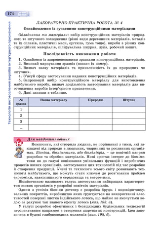 Технологіявиготовленнявиробівінтер’єрногопризначення
174
ËÀÁÎÐÀÒÎÐÍÎ-ÏÐÀÊÒÈ×ÍÀ ÐÎÁÎÒÀ № 4
Îçíàéîìëåííÿ іç ñó÷àñíèìè êîíñòðóêöіéíèìè ìàòåðіàëàìè
Îáëàäíàííÿ òà ìàòåðіàëè: íàáіð êîíñòðóêöіéíèõ ìàòåðіàëіâ ïðèðîä-
íîãî òà øòó÷íîãî ïîõîäæåííÿ (ðіçíі âèäè äåðåâèííèõ ìàòåðіàëіâ, ìåòàëіâ
òà їõ ñïëàâіâ, ïëàñòè÷íі ìàñè, îðãñêëî, ãóìà òîùî), âèðîáè ç ðіçíèõ êîí-
ñòðóêöіéíèõ ìàòåðіàëіâ, øëіôóâàëüíà øêóðêà, ëóïà, ðîáî÷èé çîøèò.
Ïîñëіäîâíіñòü âèêîíàííÿ ðîáîòè
1. Îçíàéîìñÿ іç çàïðîïîíîâàíèìè çðàçêàìè êîíñòðóêöіéíèõ ìàòåðіàëіâ.
2. Âèêîíàé ìàðêóâàííÿ çðàçêіâ (ïîçíà÷ їõ íîìåð).
3. Âèçíà÷ íàçâó ìàòåðіàëіâ òà ïðèíàëåæíіñòü їõ äî ïðèðîäíèõ ÷è
øòó÷íèõ.
4. Ç’ÿñóé ñôåðó çàñòîñóâàííÿ íàäàíèõ êîíñòðóêöіéíèõ ìàòåðіàëіâ.
5. Çàïðîïîíóé âèáіð êîíñòðóêöіéíîãî ìàòåðіàëó äëÿ âèãîòîâëåííÿ
ìàéáóòíüîãî âèðîáó, âèçíà÷ äîöіëüíіñòü çàñòîñóâàííÿ ìàòåðіàëіâ äëÿ âè-
ãîòîâëåííÿ âèðîáіâ іíòåð’єðíîãî ïðèçíà÷åííÿ.
6. Äàíі çàïèøè â òàáëèöþ.
№
çðàçêà
Íàçâà ìàòåðіàëó Ïðèðîäíі Øòó÷íі
1
2
3
…
Êîìïîçèòè, ÿêі ñòâîðèëà ëþäèíà, íå ïîðіâíÿííі ç òèìè, ÿêі çà-
êëàäåíі âіä ïðèðîäè â ëþäñüêèõ, òâàðèííèõ òà ðîñëèííèõ îðãàíіç-
ìàõ. Áіîíіêà, áіîìіìåòèêà, àáî áіîìіìіêðіÿ, – öå íîâіòíіé íàïðÿì
ðîçðîáêè òà îáðîáêè ìàòåðіàëіâ. Íèíі çðîñòàє іíòåðåñ äî áіîìіìå-
òèêè ÿê äî ãàëóçі êîïіþâàííÿ óíіêàëüíèõ ôóíêöіé і âèðîáíè÷èõ
ïðîöåñіâ æèâèõ îðãàíіçìіâ, çàñòîñóâàííÿ öèõ òåõíîëîãіé ïіä ÷àñ ðîçðîáêè
é ñòâîðåííÿ ïðîäóêöії. Ó÷åíі òà òåõíîëîãè âñüîãî ñâіòó ðîçâèâàþòü òåõ-
íîëîãії ìàéáóòíüîãî, ùî ìîæóòü ñòàòè êëþ÷åì äî ðîçâ’ÿçàííÿ ïðîáëåì
åêîíîìіêè, íàâêîëèøíüîãî ñåðåäîâèùà òà åíåðãåòèêè.
Áіîìіìåòèêîþ íàçèâàþòü ãàëóçü çàñòîñóâàííÿ íàéêðàùèõ õàðàêòåðèñ-
òèê æèâèõ îðãàíіçìіâ ó ðîçðîáöі íîâіòíіõ ìàòåðіàëіâ.
Îäíèì ç óñïіõіâ áіîíіêè äîòåïåð є ðîçðîáêà áðóäî- і âîäîâіäøòîâõó-
âàëüíèõ ïîêðèòòіâ, âèðîáíèöòâî ÿêèõ ґðóíòóєòüñÿ íà âèêîðèñòàííі âëàñ-
òèâîñòåé ïîâåðõíі ëèñòêà іíäіéñüêîãî ëîòîñà, ùî ìàéæå íå çìî÷óєòüñÿ âî-
äîþ çà ðàõóíîê òàê çâàíîãî åôåêòó ëîòîñà (ìàë. 198, à).
Ó ãàëóçі ðîçðîáîê åôåêòèâíèõ і áåçâіäõîäíèõ áóäіâåëüíèõ òåõíîëîãіé
ïåðñïåêòèâíèì íàïðÿìîì є ñòâîðåííÿ øàðóâàòèõ êîíñòðóêöіé. Іäåÿ çàïî-
çè÷åíà â áóäîâі ãëèáîêîâîäíèõ ìîëþñêіâ (ìàë. 198, á).
Äëÿ íàéäîïèòëèâіøèõ
 