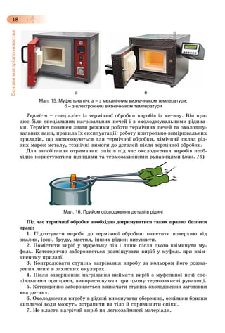 Основиматеріалознавства
18
а б
Мал. 15. Муфельна піч: а – з механічним визначником температури;
б – з електронним визначником температуриб
Òåðìіñò – ñïåöіàëіñò іç òåðìі÷íîї îáðîáêè âèðîáіâ іç ìåòàëó. Âіí ïðà-
öþє áіëÿ ñïåöіàëüíèõ íàãðіâàëüíèõ ïå÷åé і ç îõîëîäæóâàëüíèìè ðіäèíà-
ìè. Òåðìіñò ïîâèíåí çíàòè ðåæèìè ðîáîòè òåðìі÷íèõ ïå÷åé òà îõîëîäæó-
âàëüíèõ âàíí, ïðàâèëà їõ åêñïëóàòàöії: ðîáîòó êîíòðîëüíî-âèìіðþâàëüíèõ
ïðèëàäіâ, ùî çàñòîñîâóþòüñÿ äëÿ òåðìі÷íîї îáðîáêè, õіìі÷íèé ñêëàä ðіç-
íèõ ìàðîê ìåòàëó, òåõíі÷íі âèìîãè äî äåòàëåé ïіñëÿ òåðìі÷íîї îáðîáêè.
Äëÿ çàïîáіãàííÿ îòðèìàííþ îïіêіâ ïіä ÷àñ îõîëîäæåííÿ âèðîáіâ íåîá-
õіäíî êîðèñòóâàòèñÿ ùèïöÿìè òà òåðìîçàõèñíèìè ðóêàâèöÿìè (ìàë. 16).
Мал. 16. Прийом охолодження деталі в рідині
Ïіä ÷àñ òåðìі÷íîї îáðîáêè íåîáõіäíî äîòðèìóâàòèñÿ òàêèõ ïðàâèë áåçïåêè
ïðàöі:
1. Ïіäãîòóâàòè âèðîáè äî òåðìі÷íîї îáðîáêè: î÷èñòèòè ïîâåðõíþ âіä
îêàëèí, іðæі, áðóäó, ìàñòèë, іíøèõ ðіäèí; âèñóøèòè.
2. Ïîìіñòèòè âèðіá ó ìóôåëüíó ïі÷ і ëèøå ïіñëÿ öüîãî ââіìêíóòè ìó-
ôåëü. Êàòåãîðè÷íî çàáîðîíÿєòüñÿ ðîçìіùóâàòè âèðіá ó ìóôåëü ïðè ââіì-
êíåíîìó ïðèëàäі!
3. Êîíòðîëþâàòè ñòóïіíü íàãðіâàííÿ âèðîáó çà êîëüîðîì éîãî ðîçæà-
ðåííÿ ëèøå â çàõèñíèõ îêóëÿðàõ.
4. Ïіñëÿ çàâåðøåííÿ íàãðіâàííÿ âèéìàòè âèðіá ç ìóôåëüíîї ïå÷і ñïå-
öіàëüíèìè ùèïöÿìè, âèêîðèñòîâóþ÷è ïðè öüîìó òåðìîçàõèñíі ðóêàâèöі.
5. Êàòåãîðè÷íî çàáîðîíÿєòüñÿ âèçíà÷àòè ñòóïіíü îõîëîäæåííÿ çàãîòîâêè
«íà äîòèê».
6. Îõîëîäæåííÿ âèðîáó â ðіäèíі âèêîíóâàòè îáåðåæíî, îñêіëüêè áðèçêè
êèïëÿ÷îї âîäè ìîæóòü ïîòðàïèòè íà òіëî é ñïðè÷èíèòè îïіêè.
7. Íå êëàñòè íàãðіòèé âèðіá íà ëåãêîçàéìèñòі ìàòåðіàëè.
 