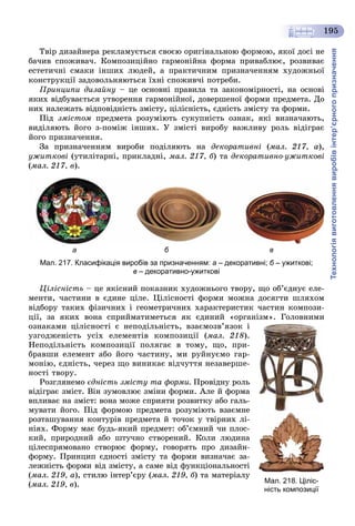 Технологіявиготовленнявиробівінтер’єрногопризначення
195
Òâіð äèçàéíåðà ðåêëàìóєòüñÿ ñâîєþ îðèãіíàëüíîþ ôîðìîþ, ÿêîї äîñі íå
áà÷èâ ñïîæèâà÷. Êîìïîçèöіéíî ãàðìîíіéíà ôîðìà ïðèâàáëþє, ðîçâèâàє
åñòåòè÷íі ñìàêè іíøèõ ëþäåé, à ïðàêòè÷íèì ïðèçíà÷åííÿì õóäîæíüîї
êîíñòðóêöії çàäîâîëüíÿþòüñÿ їõíі ñïîæèâ÷і ïîòðåáè.
Ïðèíöèïè äèçàéíó – öå îñíîâíі ïðàâèëà òà çàêîíîìіðíîñòі, íà îñíîâі
ÿêèõ âіäáóâàєòüñÿ óòâîðåííÿ ãàðìîíіéíîї, äîâåðøåíîї ôîðìè ïðåäìåòà. Äî
íèõ íàëåæàòü âіäïîâіäíіñòü çìіñòó, öіëіñíіñòü, єäíіñòü çìіñòó òà ôîðìè.
Ïіä çìіñòîì ïðåäìåòà ðîçóìіþòü ñóêóïíіñòü îçíàê, ÿêі âèçíà÷àþòü,
âèäіëÿþòü éîãî ç-ïîìіæ іíøèõ. Ó çìіñòі âèðîáó âàæëèâó ðîëü âіäіãðàє
éîãî ïðèçíà÷åííÿ.
Çà ïðèçíà÷åííÿì âèðîáè ïîäіëÿþòü íà äåêîðàòèâíі (ìàë. 217, à),
óæèòêîâі (óòèëіòàðíі, ïðèêëàäíі, ìàë. 217, á) òà äåêîðàòèâíî-óæèòêîâі
(ìàë. 217, â).
а б в
Мал. 217. Класифікація виробів за призначенням: а – декоративні; б – ужиткові;б
в – декоративно-ужиткові
Öіëіñíіñòü – öå ÿêіñíèé ïîêàçíèê õóäîæíüîãî òâîðó, ùî îá’єäíóє åëå-
ìåíòè, ÷àñòèíè â єäèíå öіëå. Öіëіñíîñòі ôîðìè ìîæíà äîñÿãòè øëÿõîì
âіäáîðó òàêèõ ôіçè÷íèõ і ãåîìåòðè÷íèõ õàðàêòåðèñòèê ÷àñòèí êîìïîçè-
öії, çà ÿêèõ âîíà ñïðèéìàòèìåòüñÿ ÿê єäèíèé «îðãàíіçì». Ãîëîâíèìè
îçíàêàìè öіëіñíîñòі є íåïîäіëüíіñòü, âçàєìîçâ’ÿçîê і
óçãîäæåíіñòü óñіõ åëåìåíòіâ êîìïîçèöії (ìàë. 218).
Íåïîäіëüíіñòü êîìïîçèöії ïîëÿãàє â òîìó, ùî, ïðè-
áðàâøè åëåìåíò àáî éîãî ÷àñòèíó, ìè ðóéíóєìî ãàð-
ìîíіþ, єäíіñòü, ÷åðåç ùî âèíèêàє âіä÷óòòÿ íåçàâåðøå-
íîñòі òâîðó.
Ðîçãëÿíåìî єäíіñòü çìіñòó òà ôîðìè. Ïðîâіäíó ðîëü
âіäіãðàє çìіñò. Âіí çóìîâëþє çìіíè ôîðìè. Àëå é ôîðìà
âïëèâàє íà çìіñò: âîíà ìîæå ñïðèÿòè ðîçâèòêó àáî ãàëü-
ìóâàòè éîãî. Ïіä ôîðìîþ ïðåäìåòà ðîçóìіþòü âçàєìíå
ðîçòàøóâàííÿ êîíòóðіâ ïðåäìåòà é òî÷îê ó òâіðíèõ ëі-
íіÿõ. Ôîðìó ìàє áóäü-ÿêèé ïðåäìåò: îá’єìíèé ÷è ïëîñ-
êèé, ïðèðîäíèé àáî øòó÷íî ñòâîðåíèé. Êîëè ëþäèíà
öіëåñïðÿìîâàíî ñòâîðþє ôîðìó, ãîâîðÿòü ïðî äèçàéí-
ôîðìó. Ïðèíöèï єäíîñòі çìіñòó òà ôîðìè âèçíà÷àє çà-
ëåæíіñòü ôîðìè âіä çìіñòó, à ñàìå âіä ôóíêöіîíàëüíîñòі
(ìàë. 219, à), ñòèëþ іíòåð’єðó (ìàë. 219, á) òà ìàòåðіàëó
(ìàë. 219, â). Мал. 218. Ціліс-
ність композиції
 