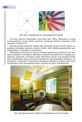 Технологіявиготовленнявиробівінтер’єрногопризначення
216
а б
Мал. 242. Геометричний (а) і композиційний (б) центри
Ðîçãëÿíü ïðîåêò äèçàéíåðіâ іíòåð’єðó (ìàë. 243). Âіäøóêàé ó íüîìó
êîìïîçèöіéíèé öåíòð. ßêèé ïðåäìåò іíòåð’єðó äèòÿ÷îї êіìíàòè òåáå
ïðèâàáèâ íàéáіëüøå?
Êîíñòðóêòèâíі åëåìåíòè âèðîáó àáî îðíàìåíòó ìîæóòü áóòè òàêîæ ïî-
ðіçíîìó ðîçìіùåíі âіäíîñíî ïåâíîї òî÷êè, ëіíії. Íàéïîøèðåíіøèìè ðîç-
ìіùåííÿìè є ñèìåòðіÿ òà àñèìåòðіÿ.
Ïðîïîðöіéíå ðîçìіùåííÿ ÷àñòèí âèðîáó (îðíàìåíòó) âіäíîñíî éîãî öåí-
òðà íàçèâàþòü ñèìåòðієþ. Ïðèíöèï ñèìåòðії ñïîñòåðіãàєìî â ïðèðîäі (íà-
ïðèêëàä, êðèñòàëè, ëèñòî÷êè, êâіòè, ìåòåëèêè, ïòàõè, òіëî ëþäèíè òîùî).
Òàêå ðîçìіùåííÿ íàäàє îá’єêòàì õóäîæíüîãî êîíñòðóþâàííÿ ïîðÿäêó, çà-
êіí÷åíîñòі, öіëіñíîñòі. Ñèìåòðè÷íî ðîçìіùåíі ôіãóðè çà ïåâíèõ çìіí ñâîãî
ïîëîæåííÿ â ðàçі íàêëàäàííÿ îäíієї ÷àñòèíè íà äðóãó ñóìіùàþòüñÿ.
Мал. 243. Дитяча кімната. Робота О. Залюбовської та М. Лихогляда
 