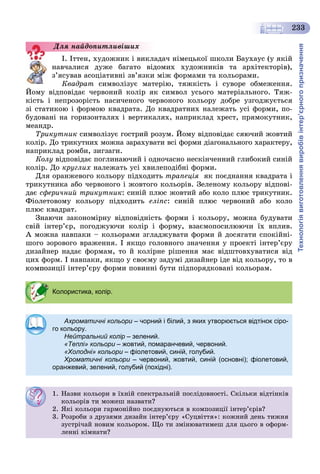 Технологіявиготовленнявиробівінтер’єрногопризначення
233
І. Іòòåí, õóäîæíèê і âèêëàäà÷ íіìåöüêîї øêîëè Áàóõàóñ (ó ÿêіé
íàâ÷àëèñÿ äóæå áàãàòî âіäîìèõ õóäîæíèêіâ òà àðõіòåêòîðіâ),
ç’ÿñóâàâ àñîöіàòèâíі çâ’ÿçêè ìіæ ôîðìàìè òà êîëüîðàìè.
Êâàäðàò ñèìâîëіçóє ìàòåðіþ, òÿæêіñòü і ñóâîðå îáìåæåííÿ.
Éîìó âіäïîâіäàє ÷åðâîíèé êîëіð ÿê ñèìâîë óñüîãî ìàòåðіàëüíîãî. Òÿæ-
êіñòü і íåïðîçîðіñòü íàñè÷åíîãî ÷åðâîíîãî êîëüîðó äîáðå óçãîäæóєòüñÿ
çі ñòàòèêîþ і ôîðìîþ êâàäðàòà. Äî êâàäðàòíèõ íàëåæàòü óñі ôîðìè, ïî-
áóäîâàíі íà ãîðèçîíòàëÿõ і âåðòèêàëÿõ, íàïðèêëàä õðåñò, ïðÿìîêóòíèê,
ìåàíäð.
Òðèêóòíèê ñèìâîëіçóє ãîñòðèé ðîçóì. Éîìó âіäïîâіäàє ñÿþ÷èé æîâòèé
êîëіð. Äî òðèêóòíèõ ìîæíà çàðàõóâàòè âñі ôîðìè äіàãîíàëüíîãî õàðàêòåðó,
íàïðèêëàä ðîìáè, çèãçàãè.
Êîëó âіäïîâіäàє ïîãëèíàþ÷èé і îäíî÷àñíî íåñêіí÷åííèé ãëèáîêèé ñèíіé
êîëіð. Äî êðóãëèõ íàëåæàòü óñі õâèëåïîäіáíі ôîðìè.
Äëÿ îðàíæåâîãî êîëüîðó ïіäõîäèòü òðàïåöіÿ ÿê ïîєäíàííÿ êâàäðàòà і
òðèêóòíèêà àáî ÷åðâîíîãî і æîâòîãî êîëüîðіâ. Çåëåíîìó êîëüîðó âіäïîâі-
äàє ñôåðè÷íèé òðèêóòíèê: ñèíіé ïëþñ æîâòèé àáî êîëî ïëþñ òðèêóòíèê.
Ôіîëåòîâîìó êîëüîðó ïіäõîäèòü åëіïñ: ñèíіé ïëþñ ÷åðâîíèé àáî êîëî
ïëþñ êâàäðàò.
Çíàþ÷è çàêîíîìіðíó âіäïîâіäíіñòü ôîðìè і êîëüîðó, ìîæíà áóäóâàòè
ñâіé іíòåð’єð, ïîãîäæóþ÷è êîëіð і ôîðìó, âçàєìîïîñèëþþ÷è їõ âïëèâ.
À ìîæíà íàâïàêè – êîëüîðàìè çãëàäæóâàòè ôîðìè é äîñÿãàòè ñïîêіéíі-
øîãî çîðîâîãî âðàæåííÿ. І ÿêùî ãîëîâíîãî çíà÷åííÿ ó ïðîåêòі іíòåð’єðó
äèçàéíåð íàäàє ôîðìàì, òî é êîëіðíå ðіøåííÿ ìàє âіäøòîâõóâàòèñÿ âіä
öèõ ôîðì. І íàâïàêè, ÿêùî ó ñâîєìó çàäóìі äèçàéíåð іäå âіä êîëüîðó, òî â
êîìïîçèöії іíòåð’єðó ôîðìè ïîâèííі áóòè ïіäïîðÿäêîâàíі êîëüîðàì.
Äëÿ íàéäîïèòëèâіøèõ
Колористика, колір.
Ахроматичні кольори – чорний і білий, з яких утворюється відтінок сіро-и
го кольору.
Нейтральний колір – зелений.
«Теплі» кольори – жовтий, помаранчевий, червоний.и
«Холодні» кольори – фіолетовий, синій, голубий.и
Хроматичні кольори – червоний, жовтий, синій (основні); фіолетовий,и
оранжевий, зелений, голубий (похідні).
1. Íàçâè êîëüîðè â їõíіé ñïåêòðàëüíіé ïîñëіäîâíîñòі. Ñêіëüêè âіäòіíêіâ
êîëüîðіâ òè ìîæåø íàçâàòè?
2. ßêі êîëüîðè ãàðìîíіéíî ïîєäíóþòüñÿ â êîìïîçèöії іíòåð’єðіâ?
3. Ðîçðîáè ç äðóçÿìè äèçàéí іíòåð’єðó «Ñóöâіòòÿ»: êîæíèé äåíü òèæíÿ
çóñòðі÷àé íîâèì êîëüîðîì. Ùî òè çìіíþâàòèìåø äëÿ öüîãî â îôîðì-
ëåííі êіìíàòè?
 