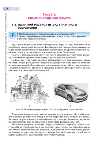 Технологіявиготовленнявиробівізсортовогопрокатуталистовогометалу
24
Тема 2.1.
Елементи графічної грамоти
§ 3. ТЕХНІЧНИЙ РИСУНОК ЯК ВИД ГРАФІЧНОГО
ЗОБРАЖЕННЯ
Áóäü-ÿêèé âèíàõіä ÷è íîâà êîíñòðóêöіÿ, ïåðø çà âñå, íàìі÷àєòüñÿ çà
äîïîìîãîþ òåõíі÷íîãî ðèñóíêà. Òåõíі÷íèìè ðèñóíêàìè êîðèñòóþòüñÿ ÿê
ó äîìàøíіõ ìàéñòåðíÿõ, ó øêіëüíèõ ìàéñòåðíÿõ íà óðîêàõ òðóäîâîãî íà-
â÷àííÿ, òàê і â öåõàõ çàâîäіâ, êîíñòðóêòîðñüêèõ áþðî òîùî.
Íàâіòü ó ïîâñÿêäåííîìó æèòòі ìè ÷àñòî âäàєìîñÿ äî òåõíі÷íîãî ðèñóí-
êà, ïîÿñíþþ÷è äðóçÿì ñâîþ àäðåñó і ðîçòàøóâàííÿ áóäèíêіâ.
Íàé÷àñòіøå òåõíі÷íèé ðèñóíîê âèêîðèñòîâóþòü ïðè ñòâîðåííі íîâèõ
îá’єêòіâ. ßêùî ó ñâіäîìîñòі ëþäèíè íàðîäæóєòüñÿ íîâà іäåÿ ÷è âèíèêàє
íåñïîäіâàíî íîâèé îáðàç îá’єêòà, âîíè âèìàãàþòü íåãàéíîãî çàêðіïëåííÿ,
і íàéáіëüø ïðîñòîþ, çðó÷íîþ і øâèäêîþ ôîðìîþ ôіêñàöії òâîð÷îї äóìêè
âèÿâëÿєòüñÿ ñàìå òåõíі÷íèé ðèñóíîê.
а б
Мал. 19. Технічний рисунок нового об’єкта: а – будинок; б – автомобільб
Àäæå êîëè іíæåíåð-êîíñòðóêòîð çàäóìóє ÿêóñü ìàøèíó, âіí â óñіõ äåòà-
ëÿõ ïîâèíåí óÿâèòè ñâіé âèòâіð і âìіòè çîáðàçèòè éîãî îëіâöåì íà ïàïåðі.
Àêòèâíà òâîð÷à äіÿëüíіñòü âèíàõіäíèêà, àðõіòåêòîðà, іíæåíåðà, õóäîæíè-
êà-êîíñòðóêòîðà òåæ ïî÷èíàєòüñÿ ç òåõíі÷íîãî ðèñóíêà (ìàë. 19).
Òåõíі÷íèé ðèñóíîê äîçâîëÿє âіäðàçó ïîáà÷èòè ïåðåâàãó íîâèõ êîí-
ñòðóêöіéíèõ óäîñêîíàëåíü і äàє ïіäñòàâó ïðèñòóïèòè äî ïåðåîáëàäíàííÿ
àáî çàìіíè îêðåìèõ äåòàëåé ìàøèíè. Àëå îñíîâíà ìåòà òåõíі÷íîãî ðèñóí-
êà ïîëÿãàє â òîìó, ùî âіí çìóøóє àâòîðà éòè äàëі, âíîñèòè ó ñâіé çàäóì
çìіíè, àêòèâіçóє і âäîñêîíàëþє éîãî òâîð÷ó äóìêó.
1. Який вид діяльності людини називають конструюванням?
2. Якими графічними документами користуються під час конструювання?
3. Які види проекцій ти знаєш?
 