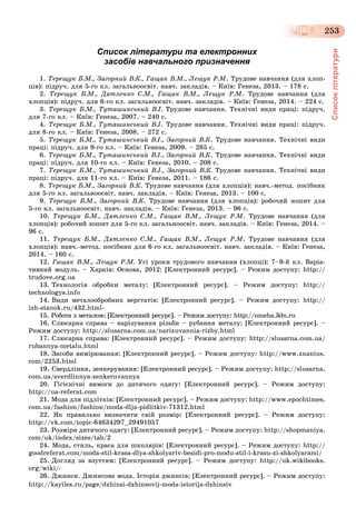 253
Списоклітератури
Список літератури та електронних
засобів навчального призначення
1. Òåðåùóê Á.Ì., Çàãîðíèé Â.Ê., Ãàùàê Â.Ì., Ëåùóê Ð.Ì. Òðóäîâå íàâ÷àííÿ (äëÿ õëîï-
öіâ): ïіäðó÷. äëÿ 5-ãî êë. çàãàëüíîîñâіò. íàâ÷. çàêëàäіâ. – Êèїâ: Ãåíåçà, 2013. – 178 ñ.
2. Òåðåùóê Á.Ì., Äÿòëåíêî Ñ.Ì., Ãàùàê Â.Ì., Ëåùóê Ð.Ì. Òðóäîâå íàâ÷àííÿ (äëÿ
õëîïöіâ): ïіäðó÷. äëÿ 6-ãî êë. çàãàëüíîîñâіò. íàâ÷. çàêëàäіâ. – Êèїâ: Ãåíåçà, 2014. – 224 ñ.
3. Òåðåùóê Á.Ì., Òóòàøèíñüêèé Â.І. Òðóäîâå íàâ÷àííÿ. Òåõíі÷íі âèäè ïðàöі: ïіäðó÷.
äëÿ 7-ãî êë. – Êèїâ: Ãåíåçà, 2007. – 240 ñ.
4. Òåðåùóê Á.Ì., Òóòàøèíñüêèé Â.І. Òðóäîâå íàâ÷àííÿ. Òåõíі÷íі âèäè ïðàöі: ïіäðó÷.
äëÿ 8-ãî êë. – Êèїâ: Ãåíåçà, 2008. – 272 ñ.
5. Òåðåùóê Á.Ì., Òóòàøèíñüêèé Â.І., Çàãîðíèé Â.Ê. Òðóäîâå íàâ÷àííÿ. Òåõíі÷íі âèäè
ïðàöі: ïіäðó÷. äëÿ 9-ãî êë. – Êèїâ: Ãåíåçà, 2009. – 285 ñ.
6. Òåðåùóê Á.Ì., Òóòàøèíñüêèé Â.І., Çàãîðíèé Â.Ê. Òðóäîâå íàâ÷àííÿ. Òåõíі÷íі âèäè
ïðàöі: ïіäðó÷. äëÿ 10-ãî êë. – Êèїâ: Ãåíåçà, 2010. – 208 ñ.
7. Òåðåùóê Á.Ì., Òóòàøèíñüêèé Â.І., Çàãîðíèé Â.Ê. Òðóäîâå íàâ÷àííÿ. Òåõíі÷íі âèäè
ïðàöі: ïіäðó÷. äëÿ 11-ãî êë. – Êèїâ: Ãåíåçà, 2011. – 186 ñ.
8. Òåðåùóê Á.Ì., Çàãîðíèé Â.Ê. Òðóäîâå íàâ÷àííÿ (äëÿ õëîïöіâ): íàâ÷.-ìåòîä. ïîñіáíèê
äëÿ 5-ãî êë. çàãàëüíîîñâіò. íàâ÷. çàêëàäіâ. – Êèїâ: Ãåíåçà, 2013. – 100 ñ.
9. Òåðåùóê Á.Ì., Çàãîðíèé Â.Ê. Òðóäîâå íàâ÷àííÿ (äëÿ õëîïöіâ): ðîáî÷èé çîøèò äëÿ
5-ãî êë. çàãàëüíîîñâіò. íàâ÷. çàêëàäіâ. – Êèїâ: Ãåíåçà, 2013. – 96 ñ.
10. Òåðåùóê Á.Ì., Äÿòëåíêî Ñ.Ì., Ãàùàê Â.Ì., Ëåùóê Ð.Ì. Òðóäîâå íàâ÷àííÿ (äëÿ
õëîïöіâ): ðîáî÷èé çîøèò äëÿ 5-ãî êë. çàãàëüíîîñâіò. íàâ÷. çàêëàäіâ. – Êèїâ: Ãåíåçà, 2014. –
96 ñ.
11. Òåðåùóê Á.Ì., Äÿòëåíêî Ñ.Ì., Ãàùàê Â.Ì., Ëåùóê Ð.Ì. Òðóäîâå íàâ÷àííÿ (äëÿ
õëîïöіâ): íàâ÷.-ìåòîä. ïîñіáíèê äëÿ 6-ãî êë. çàãàëüíîîñâіò. íàâ÷. çàêëàäіâ. – Êèїâ: Ãåíåçà,
2014. – 160 ñ.
12. Ãàùàê Â.Ì., Ëåùóê Ð.Ì. Óñі óðîêè òðóäîâîãî íàâ÷àííÿ (õëîïöі): 7–9-é êë. Âàðіà-
òèâíèé ìîäóëü. – Õàðêіâ: Îñíîâà, 2012: [Åëåêòðîííèé ðåñóðñ]. – Ðåæèì äîñòóïó: http://
trudove.org.ua
13. Òåõíîëîãіÿ îáðîáêè ìåòàëó: [Åëåêòðîííèé ðåñóðñ]. – Ðåæèì äîñòóïó: http://
technologys.info
14. Âèäè ìåòàëîîáðîáíèõ âåðñòàòіâ: [Åëåêòðîííèé ðåñóðñ]. – Ðåæèì äîñòóïó: http://
izh-stanok.ru/432.html-
15. Ðîáîòà ç ìåòàëîì: [Åëåêòðîííèé ðåñóðñ]. – Ðåæèì äîñòóïó: http://umeha.3dn.ru
16. Ñëþñàðíà ñïðàâà – íàðіçóâàííÿ ðіçüáè – ðóáàííÿ ìåòàëó: [Åëåêòðîííèé ðåñóðñ]. –
Ðåæèì äîñòóïó: http://slusarna.com.ua/narizuvannia-rizby.html
17. Ñëþñàðíà ñïðàâà: [Åëåêòðîííèé ðåñóðñ]. – Ðåæèì äîñòóïó: http://slusarna.com.ua/
rubannya-metalu.html
18. Çàñîáè âèìіðþâàííÿ: [Åëåêòðîííèé ðåñóðñ]. – Ðåæèì äîñòóïó: http://www.znanius.
com/2253.html
19. Ñâåðäëіííÿ, çåíêåðóâàííÿ: [Åëåêòðîííèé ðåñóðñ]. – Ðåæèì äîñòóïó: http://slusarna.
com.ua/sverdlinnya-zenkeruvannya
20. Ãіãієíі÷íі âèìîãè äî äèòÿ÷îãî îäÿãó: [Åëåêòðîííèé ðåñóðñ]. – Ðåæèì äîñòóïó:
http://ua-referat.com
21. Ìîäà äëÿ ïіäëіòêіâ: [Åëåêòðîííèé ðåñóðñ]. – Ðåæèì äîñòóïó: http://www.epochtimes.
com.ua/fashion/fashion/moda-dlja-pidlitkiv-71312.html
22. ßê ïðàâèëüíî âèçíà÷èòè ñâіé ðîçìіð: [Åëåêòðîííèé ðåñóðñ]. – Ðåæèì äîñòóïó:
http://vk.com/topic-64634297_29491057
23. Ðîçìіðè äèòÿ÷îãî îäÿãó: [Åëåêòðîííèé ðåñóðñ]. – Ðåæèì äîñòóïó: http://shopmaniya.
com/uk/index/sizes/tab/2
24. Ìîäà, ñòèëü, êðàñà äëÿ øêîëÿðіâ: [Åëåêòðîííèé ðåñóðñ]. – Ðåæèì äîñòóïó: http://
goodreferat.com/moda-stil-krasa-dlya-shkolyariv-besidi-pro-modu-stil-i-krasu-zi-shkolyarami/
25. Äîãëÿä çà âçóòòÿì: [Åëåêòðîííèé ðåñóðñ]. – Ðåæèì äîñòóïó: http://uk.wikibooks.
org/wiki/-
26. Äæèíñè. Äæèíñîâà ìîäà. Іñòîðіÿ äæèíñіâ: [Åëåêòðîííèé ðåñóðñ]. – Ðåæèì äîñòóïó:
http://kayiles.ru/page/dzhinsi-dzhinsovij-moda-istorija-dzhinsiv
 