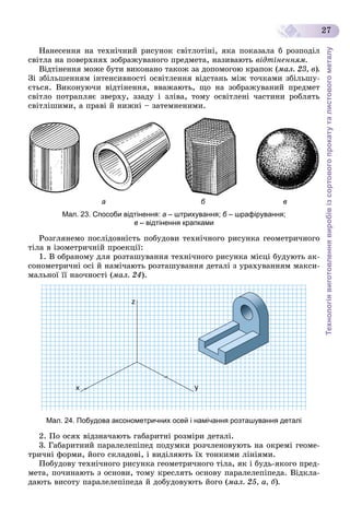 Технологіявиготовленнявиробівізсортовогопрокатуталистовогометалу
27
Íàíåñåííÿ íà òåõíі÷íèé ðèñóíîê ñâіòëîòіíі, ÿêà ïîêàçàëà á ðîçïîäіë
ñâіòëà íà ïîâåðõíÿõ çîáðàæóâàíîãî ïðåäìåòà, íàçèâàþòü âіäòіíåííÿì.
Âіäòіíåííÿ ìîæå áóòè âèêîíàíî òàêîæ çà äîïîìîãîþ êðàïîê (ìàë. 23, â).
Çі çáіëüøåííÿì іíòåíñèâíîñòі îñâіòëåííÿ âіäñòàíü ìіæ òî÷êàìè çáіëüøó-
єòüñÿ. Âèêîíóþ÷è âіäòіíåííÿ, ââàæàþòü, ùî íà çîáðàæóâàíèé ïðåäìåò
ñâіòëî ïîòðàïëÿє çâåðõó, ççàäó і çëіâà, òîìó îñâіòëåíі ÷àñòèíè ðîáëÿòü
ñâіòëіøèìè, à ïðàâі é íèæíі – çàòåìíåíèìè.
а б в
Мал. 23. Способи відтінення: а – штрихування; б – шрафірування;б
в – відтінення крапками
Ðîçãëÿíåìî ïîñëіäîâíіñòü ïîáóäîâè òåõíі÷íîãî ðèñóíêà ãåîìåòðè÷íîãî
òіëà â іçîìåòðè÷íіé ïðîåêöії:
1. Â îáðàíîìó äëÿ ðîçòàøóâàííÿ òåõíі÷íîãî ðèñóíêà ìіñöі áóäóþòü àê-
ñîíîìåòðè÷íі îñі é íàìі÷àþòü ðîçòàøóâàííÿ äåòàëі ç óðàõóâàííÿì ìàêñè-
ìàëüíîї її íàî÷íîñòі (ìàë. 24).
Мал. 24. Побудова аксонометричних осей і намічання розташування деталі
2. Ïî îñÿõ âіäçíà÷àþòü ãàáàðèòíі ðîçìіðè äåòàëі.
3. Ãàáàðèòíèé ïàðàëåëåïіïåä ïîäóìêè ðîç÷ëåíîâóþòü íà îêðåìі ãåîìå-
òðè÷íі ôîðìè, éîãî ñêëàäîâі, і âèäіëÿþòü їõ òîíêèìè ëіíіÿìè.
Ïîáóäîâó òåõíі÷íîãî ðèñóíêà ãåîìåòðè÷íîãî òіëà, ÿê і áóäü-ÿêîãî ïðåä-
ìåòà, ïî÷èíàþòü ç îñíîâè, òîìó êðåñëÿòü îñíîâó ïàðàëåëåïіïåäà. Âіäêëà-
äàþòü âèñîòó ïàðàëåëåïіïåäà é äîáóäîâóþòü éîãî (ìàë. 25, à, á).
 