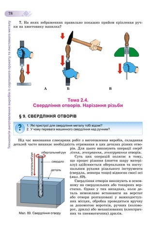 Технологіявиготовленнявиробівізсортовогопрокатуталистовогометалу
78
7. Íà ÿêèõ çîáðàæåííÿõ ïðàâèëüíî ïîêàçàíî ïðèéîì êðіïëåííÿ ðó÷-
êè íà õâîñòîâèêó íàïèëêà?
À Á Â
Тема 2.4.
Свердління отворів. Нарізання різьби
§ 9. СВЕРДЛІННЯ ОТВОРІВ
Ïіä ÷àñ âèêîíàííÿ ñëþñàðíèõ ðîáіò ç âèãîòîâëåííÿ âèðîáіâ, ñêëàäàííÿ
äåòàëåé ÷àñòî âèíèêàє íåîáõіäíіñòü îòðèìàííÿ â öèõ äåòàëÿõ ðіçíèõ îòâî-
ðіâ. Äëÿ öüîãî âèêîíóþòü îïåðàöії ñâåðä-
ëіííÿ, çåíêóâàííÿ, çåíêåðóâàííÿ îòâîðіâ.ÿ
Ñóòü öèõ îïåðàöіé ïîëÿãàє â òîìó,
ùî ïðîöåñ ðіçàííÿ (çíÿòòÿ øàðó ìàòåðі-
àëó) çäіéñíþєòüñÿ îáåðòàëüíèì òà ïîñòó-
ïàëüíèì ðóõàìè ðіçàëüíîãî іíñòðóìåíòà
(ñâåðäëà, çåíêåðà òîùî) âіäíîñíî ñâîєї îñі
(ìàë. 89).
Ñâåðäëіííÿ îòâîðіâ âèêîíóþòü â îñíîâ-
íîìó íà ñâåðäëèëüíèõ àáî òîêàðíèõ âåð-
ñòàòàõ. Îäíàê ó òèõ âèïàäêàõ, êîëè äå-
òàëü íåìîæëèâî âñòàíîâèòè íà âåðñòàò
àáî îòâîðè ðîçòàøîâàíі ó âàæêîäîñòóï-
íèõ ìіñöÿõ, îáðîáêà ïðîâîäèòüñÿ âðó÷íó
çà äîïîìîãîþ âîðîòêіâ, ðó÷íèõ (êîëîâî-
ðîò, äðèëü) àáî ìåõàíіçîâàíèõ (åëåêòðè÷-
íèõ òà ïíåâìàòè÷íèõ) äðèëіâ.
1. Які пристрої для свердління металу тобі відомі?
2. У чому перевага машинного свердління над ручним?
Мал. 89. Свердління отвору
 