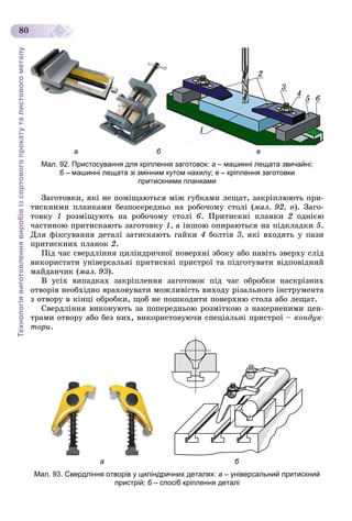 Технологіявиготовленнявиробівізсортовогопрокатуталистовогометалу
80
1
2
3
4
5 6
а б в
Мал. 92. Пристосування для кріплення заготовок: а – машинні лещата звичайні;
б – машинні лещата зі змінним кутом нахилу;б в – кріплення заготовки
притискними планками
Çàãîòîâêè, ÿêі íå ïîìіùàþòüñÿ ìіæ ãóáêàìè ëåùàò, çàêðіïëþþòü ïðè-
òèñêíèìè ïëàíêàìè áåçïîñåðåäíüî íà ðîáî÷îìó ñòîëі (ìàë. 92, â). Çàãî-
òîâêó 1 ðîçìіùóþòü íà ðîáî÷îìó ñòîëі 6. Ïðèòèñêíі ïëàíêè 2 îäíієþ
÷àñòèíîþ ïðèòèñêàþòü çàãîòîâêó 1, à іíøîþ îïèðàþòüñÿ íà ïіäêëàäêè 5.
Äëÿ ôіêñóâàííÿ äåòàëі çàòèñêàþòü ãàéêè 4 áîëòіâ 3, ÿêі âõîäÿòü ó ïàçè
ïðèòèñêíèõ ïëàíîê 2.
Ïіä ÷àñ ñâåðäëіííÿ öèëіíäðè÷íîї ïîâåðõíі çáîêó àáî íàâіòü çâåðõó ñëіä
âèêîðèñòàòè óíіâåðñàëüíі ïðèòèñêíі ïðèñòðîї òà ïіäãîòóâàòè âіäïîâіäíèé
ìàéäàí÷èê (ìàë. 93).
Â óñіõ âèïàäêàõ çàêðіïëåííÿ çàãîòîâîê ïіä ÷àñ îáðîáêè íàñêðіçíèõ
îòâîðіâ íåîáõіäíî âðàõîâóâàòè ìîæëèâіñòü âèõîäó ðіçàëüíîãî іíñòðóìåíòà
ç îòâîðó â êіíöі îáðîáêè, ùîá íå ïîøêîäèòè ïîâåðõíþ ñòîëà àáî ëåùàò.
Ñâåðäëіííÿ âèêîíóþòü çà ïîïåðåäíüîþ ðîçìіòêîþ ç íàêåðíåíèìè öåí-
òðàìè îòâîðó àáî áåç íèõ, âèêîðèñòîâóþ÷è ñïåöіàëüíі ïðèñòðîї – êîíäóê-
òîðè.
а б
Мал. 93. Свердління отворів у циліндричних деталях: а – універсальний притискний
пристрій; б – спосіб кріплення деталіб
 
