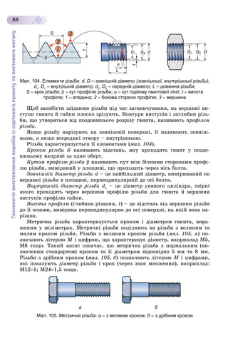 Технологіявиготовленнявиробівізсортовогопрокатуталистовогометалу
88
Мал. 104. Елементи різьби: d, D – зовнішній діаметр (зовнішньої, внутрішньої різьби);
d1
, D1
– внутрішній діаметр; d2
dd , D2
– середній діаметр; L – довжина різьби;
S – крок різьби;S  – кут профілю різьби;  – кут підйому гвинтової лінії; t – висотаt
профілю; 1 – впадина; 2 – бокова сторона профілю;2 3 – вершина3
Ùîá çàïîáіãòè çàїäàííþ ðіçüáè ïіä ÷àñ çàãâèí÷óâàííÿ, íà âåðøèíі âè-
ñòóïè ãâèíòà é ãàéêè ïëîñêî çðіçóþòü. Êîíòóðè âèñòóïіâ і çàãëèáèí ðіçü-
áè, ùî óòâîðÿòüñÿ âіä ïîçäîâæíüîãî ðîçðіçó ãâèíòà, íàçèâàþòü ïðîôіëåì
ðіçüáè.
ßêùî ðіçüáó íàðіçóþòü íà çîâíіøíіé ïîâåðõíі, її íàçèâàþòü çîâíіø-
íüîþ, à ÿêùî âñåðåäèíі îòâîðó – âíóòðіøíüîþ.
Ðіçüáà õàðàêòåðèçóєòüñÿ її åëåìåíòàìè (ìàë. 104).
Êðîêîì ðіçüáè S íàçèâàþòü âіäñòàíü, ÿêó ïðîõîäèòü ãâèíò ó ïîçäî-
âæíüîìó íàïðÿìі çà îäèí îáåðò.
Êóòîì ïðîôіëþ ðіçüáè  íàçèâàþòü êóò ìіæ áі÷íèìè ñòîðîíàìè ïðîôі-
ëþ ðіçüáè, âèìіðÿíèé ó ïëîùèíі, ùî ïðîõîäèòü ÷åðåç âіñü áîëòà.
Çîâíіøíіé äіàìåòð ðіçüáè d – öå íàéáіëüøèé äіàìåòð, âèìіðþâàíèé ïî
âåðøèíі ðіçüáè â ïëîùèíі, ïåðïåíäèêóëÿðíіé äî îñі áîëòà.
Âíóòðіøíіé äіàìåòð ðіçüáè d1
– öå äіàìåòð óÿâíîãî öèëіíäðà, òâіðíі
ÿêîãî ïðîõîäÿòü ÷åðåç âåðøèíè ïðîôіëþ ðіçüáè äëÿ ãâèíòà é âåðøèíè
âèñòóïіâ ïðîôіëþ ãàéêè.
Âèñîòà ïðîôіëþ (ãëèáèíà ðіçàííÿ, t) – öå âіäñòàíü âіä âåðøèíè ðіçüáè
äî її îñíîâè, âèìіðÿíà ïåðïåíäèêóëÿðíî äî îñі ïîâåðõíі, íà ÿêіé âîíà íà-
ðіçàíà.
Ìåòðè÷íà ðіçüáà õàðàêòåðèçóєòüñÿ êðîêîì і äіàìåòðîì ãâèíòà, âèðà-
æåíèì ó ìіëіìåòðàõ. Ìåòðè÷íі ðіçüáè ïîäіëÿþòü íà ðіçüáè ç âåëèêèì òà
ìàëèì êðîêîì ðіçüáè. Ðіçüáè ç âåëèêèì êðîêîì ðіçüáè (ìàë. 105, à) ïî-
çíà÷àþòü ëіòåðîþ Ì і öèôðîþ, ùî õàðàêòåðèçóє äіàìåòð, íàïðèêëàä Ì5,
Ì8 òîùî. Òàêèé çàïèñ îçíà÷àє, ùî ìåòðè÷íà ðіçüáà ç íîðìàëüíèì (âè-
çíà÷åíèì ñòàíäàðòîì) êðîêîì òà її äіàìåòðîì âіäïîâіäíî 5 ìì òà 8 ìì.
Ðіçüáè ç äðіáíèì êðîêîì (ìàë. 105, á) ïîçíà÷àþòü ëіòåðîþ Ì і öèôðàìè,
ÿêі ïîêàçóþòü äіàìåòð ðіçüáè і êðîê (÷åðåç çíàê ìíîæåííÿ), íàïðèêëàä:
Ì121; Ì241,5 òîùî.
а б
Мал. 105. Метрична різьба: а – з великим кроком; б – з дрібним кроком
1
2
3
 