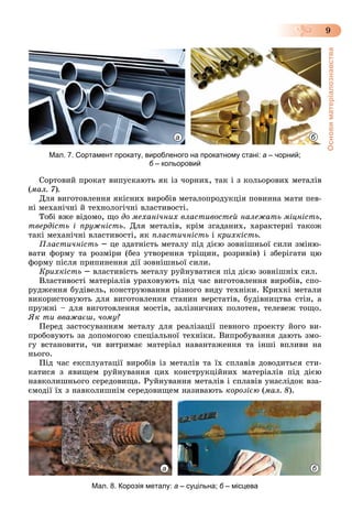 Основиматеріалознавства
9
а б
Мал. 7. Сортамент прокату, виробленого на прокатному стані: а – чорний;
б – кольоровийб
Ñîðòîâèé ïðîêàò âèïóñêàþòü ÿê іç ÷îðíèõ, òàê і ç êîëüîðîâèõ ìåòàëіâ
(ìàë. 7).
Äëÿ âèãîòîâëåííÿ ÿêіñíèõ âèðîáіâ ìåòàëîïðîäóêöіÿ ïîâèííà ìàòè ïåâ-
íі ìåõàíі÷íі é òåõíîëîãі÷íі âëàñòèâîñòі.
Òîáі âæå âіäîìî, ùî äî ìåõàíі÷íèõ âëàñòèâîñòåé íàëåæàòü ìіöíіñòü,
òâåðäіñòü і ïðóæíіñòü. Äëÿ ìåòàëіâ, êðіì çãàäàíèõ, õàðàêòåðíі òàêîæ
òàêі ìåõàíі÷íі âëàñòèâîñòі, ÿê ïëàñòè÷íіñòü і êðèõêіñòü.
Ïëàñòè÷íіñòü – öå çäàòíіñòü ìåòàëó ïіä äієþ çîâíіøíüîї ñèëè çìіíþ-
âàòè ôîðìó òà ðîçìіðè (áåç óòâîðåííÿ òðіùèí, ðîçðèâіâ) і çáåðіãàòè öþ
ôîðìó ïіñëÿ ïðèïèíåííÿ äії çîâíіøíüîї ñèëè.
Êðèõêіñòü – âëàñòèâіñòü ìåòàëó ðóéíóâàòèñÿ ïіä äієþ çîâíіøíіõ ñèë.
Âëàñòèâîñòі ìàòåðіàëіâ óðàõîâóþòü ïіä ÷àñ âèãîòîâëåííÿ âèðîáіâ, ñïî-
ðóäæåííÿ áóäіâåëü, êîíñòðóþâàííÿ ðіçíîãî âèäó òåõíіêè. Êðèõêі ìåòàëè
âèêîðèñòîâóþòü äëÿ âèãîòîâëåííÿ ñòàíèí âåðñòàòіâ, áóäіâíèöòâà ñòіí, à
ïðóæíі – äëÿ âèãîòîâëåííÿ ìîñòіâ, çàëіçíè÷íèõ ïîëîòåí, òåëåâåæ òîùî.
ßê òè ââàæàєø, ÷îìó?
Ïåðåä çàñòîñóâàííÿì ìåòàëó äëÿ ðåàëіçàöії ïåâíîãî ïðîåêòó éîãî âè-
ïðîáîâóþòü çà äîïîìîãîþ ñïåöіàëüíîї òåõíіêè. Âèïðîáóâàííÿ äàþòü çìî-
ãó âñòàíîâèòè, ÷è âèòðèìàє ìàòåðіàë íàâàíòàæåííÿ òà іíøі âïëèâè íà
íüîãî.
Ïіä ÷àñ åêñïëóàòàöії âèðîáіâ іç ìåòàëіâ òà їõ ñïëàâіâ äîâîäèòüñÿ ñòè-
êàòèñÿ ç ÿâèùåì ðóéíóâàííÿ öèõ êîíñòðóêöіéíèõ ìàòåðіàëіâ ïіä äієþ
íàâêîëèøíüîãî ñåðåäîâèùà. Ðóéíóâàííÿ ìåòàëіâ і ñïëàâіâ óíàñëіäîê âçà-
єìîäії їõ ç íàâêîëèøíіì ñåðåäîâèùåì íàçèâàþòü êîðîçієþ (ìàë. 8).
а б
Мал. 8. Корозія металу: а – суцільна; б – місцеваб
 