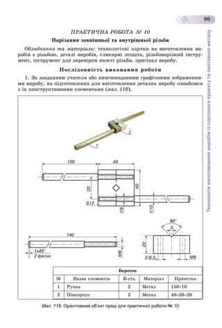 Технологіявиготовленнявиробівізсортовогопрокатуталистовогометалу
99
ÏÐÀÊÒÈ×ÍÀ ÐÎÁÎÒÀ № 10
Íàðіçàííÿ çîâíіøíüîї òà âíóòðіøíüîї ðіçüáè
Îáëàäíàííÿ òà ìàòåðіàëè: òåõíîëîãі÷íі êàðòêè íà âèãîòîâëåííÿ âè-
ðîáіâ ç ðіçüáîþ, äåòàëі âèðîáіâ, ñëþñàðíі ëåùàòà, ðіçüáîíàðіçíèé іíñòðó-
ìåíò, іíñòðóìåíò äëÿ ïåðåâіðêè ÿêîñòі ðіçüáè, îðèãіíàë âèðîáó.
Ïîñëіäîâíіñòü âèêîíàííÿ ðîáîòè
1. Çà çàâäàííÿì ó÷èòåëÿ àáî íèæ÷åïîäàíèìè ãðàôі÷íèìè çîáðàæåííÿ-
ìè âèðîáó, íà ïіäãîòîâëåíèõ äëÿ âèãîòîâëåííÿ äåòàëÿõ âèðîáó îçíàéîìñÿ
ç їõ êîíñòðóêòèâíèìè åëåìåíòàìè (ìàë. 116).
2
1
Âîðîòîê
№ Íàçâà åëåìåíòіâ Ê-ñòü Ìàòåðіàë Ïðèìіòêà
1 Ðó÷êà 2 Ìåòàë 15010
2 Ïіâêîðïóñ 2 Ìåòàë 402020
Мал. 116. Орієнтовний об’єкт праці для практичної роботи № 10
 