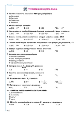 100
Тема 3
Òåñòîâèé êîíòðîëü çíàíü
1. Поняття «кількість речовини» 1811 року запровадив
А Каніццаро
Б Авогадро
В Бірингуччо
Г Бернуллі
2. Число Авогадро дорівнює
А 6,02 ∙ 1023
Б 22,4 В 6,02 Г 2,24 ∙ 1023
3. Число молекул карбон(ІІ) оксиду кількістю речовини 0,1 моль становить
А 6,02 ∙ 1023
Б 6,02 ∙ 1022
В 6,02 ∙ 1021
Г 6,02 ∙ 1020
4. Скільки атомів Алюмінію міститься в порції алюмінію масою 54 г?
А 6,02 ∙ 1023
Б 6,02 ∙ 1022
В 1,204 ∙ 1024
Г 1,204 ∙ 1025
5. Скільки йонів Натрію міститься в порції натрій сульфату Na2
SO4
масою 14,2 г?
А 6,02 ∙ 1023
Б 6,02 ∙ 1022
В 1,204 ∙ 1023
Г 1,204 ∙ 1024
6. Маса (г) води кількістю речовини 3 моль становить
А 6,02 Б 5,4 В 22,4 Г 54
7. Молярна маса чисельно дорівнює
А кількості речовини
Б масі молекули речовини
В об’єму речовини
Г відносній молекулярній масі
8. Молярна маса ( г
моль
) озону О3
дорівнює
А 3 Б 16 В 32 Г 48
9. Кількість речовини позначають символом
А N Б m В n Г NА
10. Молярна маса азоту N2
становить
А 14 г Б 28 г В 14
г
моль
Г 28
г
моль
11. Молярну масу позначають символом
А mr
Б m В М Г Mr
12. Одиницею вимірювання кількості речовини є
А грам-молекула
Б грам-моль
В моль–1
Г моль
13. Об’єм (л) кисню кількістю речовини 0,1 моль за н. у. становить
А 224 Б 22,4 В 2,24 Г 0,224
 