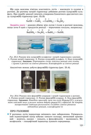 131
Основні класи неорганічних сполук
Ùå îäíà âàæëèâà õіìі÷íà âëàñòèâіñòü ëóãіâ – âçàєìîäіÿ іç ñîëÿìè â
ðîç÷èíі. Äî ðîç÷èíó íàòðіé ãіäðîêñèäó äîáàâèìî ðîç÷èí êóïðóì(ІІ) ñóëü-
ôàòó. Ïðî ïåðåáіã ðåàêöії ñâіä÷èòü óòâîðåííÿ áëàêèòíîãî äðàãëèñòîãî îñà-
äó êóïðóì(ІІ) ãіäðîêñèäó (ðèñ. 25.3):
NaOH + CuSO4
Cu(OH)2
+ Na2
SO4
I I I III II IIII
.
Çâåðíіòü óâàãó – ðåàêöіÿ îáìіíó ìіæ ëóãîì і ñіëëþ â ðîç÷èíі ìîæëèâà,
ÿêùî õî÷à á îäèí ç ïðîäóêòіâ ðåàêöії – íåðîç÷èííà ñïîëóêà, íàïðèêëàä:
Ba(OH)2
+ Na2
SO4
BaSO4
+ NaOH.
II I II II III
1
3
2
Ðèñ. 25.3. Ðåàêöіÿ ìіæ êóïðóì(ІІ) ñóëüôàòîì і íàòðіé ãіäðîêñèäîì ó ðîç÷èíі.
1. Ðîç÷èí íàòðіé ãіäðîêñèäó. 2. Ðîç÷èí êóïðóì(ІІ) ñóëüôàòó. 3. Îñàä êóïðóì(ІІ)
ãіäðîêñèäó. Çàâäàííÿ. Ïåðåòâîðіòü ñõåìè õіìі÷íèõ ðåàêöіé ìіæ ñîëÿìè
і ëóãàìè â ðîç÷èíі íà õіìі÷íі ðіâíÿííÿ. Êëàñèôіêóéòå öі õіìі÷íі ðåàêöії
Àíàëîãі÷íî ìîæíà äîáóòè ôåðóì(ІІІ) ãіäðîêñèä (ðèñ. 25.4).
1 32
Ðèñ. 25.4. Ðåàêöіÿ ìіæ ôåðóì(ІІІ) õëîðèäîì і íàòðіé ãіäðîêñèäîì ó ðîç÷èíі.
1. Ðîç÷èí íàòðіé ãіäðîêñèäó. 2. Ðîç÷èí ôåðóì(ІІІ) õëîðèäó. 3. Îñàä ôåðóì(ІІІ)
ãіäðîêñèäó. Çàâäàííÿ. Íàâåäіòü ïðèêëàäè ëóãіâ òà ñîëåé Ôåðóìó(ІІІ), ó ðåçóëü-
òàòі âçàєìîäії ÿêèõ ó ðîç÷èíі ìîæíà äîáóòè ôåðóì(ІІІ) ãіäðîêñèä. Çà ïîòðåáè
âèêîðèñòàéòå òàáëèöþ ðîç÷èííîñòі. Ñêëàäіòü õіìі÷íі ðіâíÿííÿ
âіäïîâіäíèõ ðåàêöіé, êëàñèôіêóéòå їõ
ÏÐÎ ÃÎËÎÂÍÅ
Ó ðîç÷èíàõ ëóãіâ іíäèêàòîðè çìіíþþòü ñâîє çàáàðâëåííÿ. Óíіâåðñàëü-
íèé іíäèêàòîðíèé ïàïіð íàáóâàє ñèíüîãî êîëüîðó, ìåòèëîâèé îðàíæå-
âèé – æîâòîãî, ëàêìóñ – ñèíüîãî, à ôåíîëôòàëåїí – ìàëèíîâîãî. Ôå-
íîëôòàëåїí – ñïåöèôі÷íèé іíäèêàòîð ëóæíîãî ñåðåäîâèùà.
 