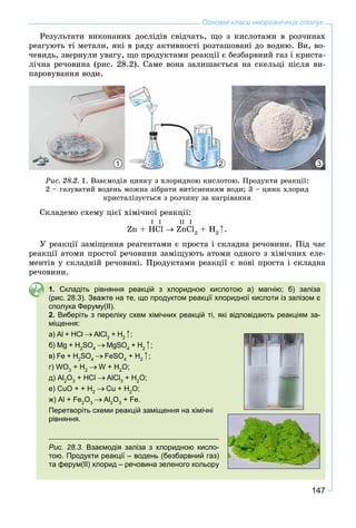 147
Основні класи неорганічних сполук
Ðåçóëüòàòè âèêîíàíèõ äîñëіäіâ ñâіä÷àòü, ùî ç êèñëîòàìè â ðîç÷èíàõ
ðåàãóþòü òі ìåòàëè, ÿêі â ðÿäó àêòèâíîñòі ðîçòàøîâàíі äî âîäíþ. Âè, âî-
÷åâèäü, çâåðíóëè óâàãó, ùî ïðîäóêòàìè ðåàêöії є áåçáàðâíèé ãàç і êðèñòà-
ëі÷íà ðå÷îâèíà (ðèñ. 28.2). Ñàìå âîíà çàëèøàєòüñÿ íà ñêåëüöі ïіñëÿ âè-
ïàðîâóâàííÿ âîäè.
2 31
Ðèñ. 28.2. 1. Âçàєìîäіÿ öèíêó ç õëîðèäíîþ êèñëîòîþ. Ïðîäóêòè ðåàêöії:
2 – ãàçóâàòèé âîäåíü ìîæíà çіáðàòè âèòіñíåííÿì âîäè; 3 – öèíê õëîðèä
êðèñòàëіçóєòüñÿ ç ðîç÷èíó çà íàãðіâàííÿ
Ñêëàäåìî ñõåìó öієї õіìі÷íîї ðåàêöії:
Zn + HCl ZnCl2
+ H2
.
Ó ðåàêöії çàìіùåííÿ ðåàãåíòàìè є ïðîñòà і ñêëàäíà ðå÷îâèíè. Ïіä ÷àñ
ðåàêöії àòîìè ïðîñòîї ðå÷îâèíè çàìіùóþòü àòîìè îäíîãî ç õіìі÷íèõ åëå-
ìåíòіâ ó ñêëàäíіé ðå÷îâèíі. Ïðîäóêòàìè ðåàêöії є íîâі ïðîñòà і ñêëàäíà
ðå÷îâèíè.
1. Складіть рівняння реакцій з хлоридною кислотою а) магнію; б) заліза
(рис. 28.3). Зважте на те, що продуктом реакції хлоридної кислоти із залізом є
сполука Феруму(ІІ).
2. Виберіть з переліку схем хімічних реакцій ті, які відповідають реакціям за-
міщення:
а) Al + HCl AlCl3
+ H2
;
б) Mg + H2
SO4
MgSO4
+ H2
;
в) Fe + H2
SO4
FeSO4
+ H2
;
г) WO3
+ H2
W + H2
O;
д) Al2
O3
+ HCl AlCl3
+ H2
O;
е) CuO + + H2
Cu + H2
O;
ж) Al + Fe2
O3
Al2
O3
+ Fe.
Перетворіть схеми реакцій заміщення на хімічні
рівняння.
Рис. 28.3. Взаємодія заліза з хлоридною кисло-
тою. Продукти реакції – водень (безбарвний газ)
та ферум(ІІ) хлорид – речовина зеленого кольору
I I II I
 