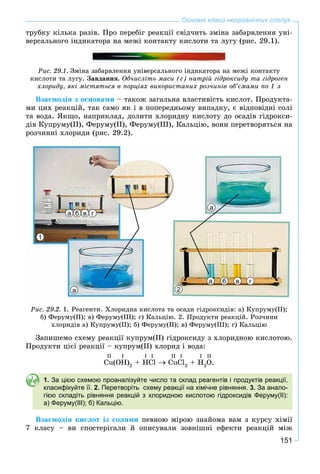 151
Основні класи неорганічних сполук
òðóáêó êіëüêà ðàçіâ. Ïðî ïåðåáіã ðåàêöії ñâіä÷èòü çìіíà çàáàðâëåííÿ óíі-
âåðñàëüíîãî іíäèêàòîðà íà ìåæі êîíòàêòó êèñëîòè òà ëóãó (ðèñ. 29.1).
Ðèñ. 29.1. Çìіíà çàáàðâëåííÿ óíіâåðñàëüíîãî іíäèêàòîðà íà ìåæі êîíòàêòó
êèñëîòè òà ëóãó. Çàâäàííÿ. Îá÷èñëіòü ìàñè (ã) íàòðіé ãіäðîêñèäó òà ãіäðîãåí
õëîðèäó, ÿêі ìіñòÿòüñÿ â ïîðöіÿõ âèêîðèñòàíèõ ðîç÷èíіâ îá’єìàìè ïî 1 ë
Âçàєìîäіÿ ç îñíîâàìè – òàêîæ çàãàëüíà âëàñòèâіñòü êèñëîò. Ïðîäóêòà-
ìè öèõ ðåàêöіé, òàê ñàìî ÿê і â ïîïåðåäíüîìó âèïàäêó, є âіäïîâіäíі ñîëі
òà âîäà. ßêùî, íàïðèêëàä, äîëèòè õëîðèäíó êèñëîòó äî îñàäіâ ãіäðîêñè-
äіâ Êóïðóìó(ІІ), Ôåðóìó(ІІ), Ôåðóìó(ІІІ), Êàëüöіþ, âîíè ïåðåòâîðÿòüñÿ íà
ðîç÷èííі õëîðèäè (ðèñ. 29.2).
2
1
а
а
а
а
б
б
в
в
г
г
Ðèñ. 29.2. 1. Ðåàãåíòè. Õëîðèäíà êèñëîòà òà îñàäè ãіäðîêñèäіâ: à) Êóïðóìó(ІІ);
á) Ôåðóìó(ІІ); â) Ôåðóìó(ІІІ); ã) Êàëüöіþ. 2. Ïðîäóêòè ðåàêöіé. Ðîç÷èíè
õëîðèäіâ à) Êóïðóìó(ІІ); á) Ôåðóìó(ІІ); â) Ôåðóìó(ІІІ); ã) Êàëüöіþ
Çàïèøåìî ñõåìó ðåàêöії êóïðóì(ІІ) ãіäðîêñèäó ç õëîðèäíîþ êèñëîòîþ.
Ïðîäóêòè öієї ðåàêöії – êóïðóì(ІІ) õëîðèä і âîäà:
Cu(OH)2
+ HCl CuCl2
+ H2
O.
1. За цією схемою проаналізуйте число та склад реагентів і продуктів реакції,
класифікуйте її. 2. Перетворіть схему реакції на хімічне рівняння. 3. За анало-
гією складіть рівняння реакцій з хлоридною кислотою гідроксидів Феруму(ІІ):
а) Феруму(ІІІ); б) Кальцію.
Âçàєìîäіÿ êèñëîò іç ñîëÿìè ïåâíîþ ìіðîþ çíàéîìà âàì ç êóðñó õіìії
7 êëàñó – âè ñïîñòåðіãàëè é îïèñóâàëè çîâíіøíі åôåêòè ðåàêöіé ìіæ
II I I I II I I II
 