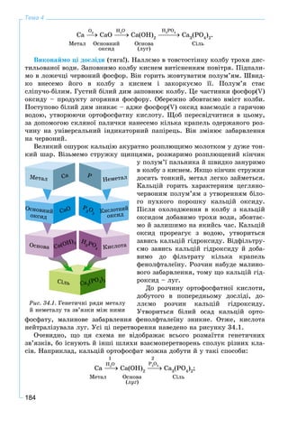 184
Тема 4
Ca CaO Ca(OH)2
Ca3
(PO4
)2
.
Ìåòàë Îñíîâíèé Îñíîâà Ñіëü
îêñèä (ëóã)
Âèêîíàéìî öі äîñëіäè (òÿãà!). Íàëëєìî â òîâñòîñòіííó êîëáó òðîõè äèñ-
òèëüîâàíîї âîäè. Çàïîâíèìî êîëáó êèñíåì âèòіñíåííÿì ïîâіòðÿ. Ïіäïàëè-
ìî â ëîæå÷öі ÷åðâîíèé ôîñôîð. Âіí ãîðèòü æîâòóâàòèì ïîëóì’ÿì. Øâèä-
êî âíåñåìî éîãî â êîëáó ç êèñíåì і çàêîðêóєìî її. Ïîëóì’ÿ ñòàє
ñëіïó÷î-áіëèì. Ãóñòèé áіëèé äèì çàïîâíþє êîëáó. Öå ÷àñòèíêè ôîñôîð(V)
îêñèäó – ïðîäóêòó çãîðÿííÿ ôîñôîðó. Îáåðåæíî çáîâòàєìî âìіñò êîëáè.
Ïîñòóïîâî áіëèé äèì çíèêàє – àäæå ôîñôîð(V) îêñèä âçàєìîäіє ç ãàðÿ÷îþ
âîäîþ, óòâîðþþ÷è îðòîôîñôàòíó êèñëîòó. Ùîá ïåðåñâіä÷èòèñÿ â öüîìó,
çà äîïîìîãîþ ñêëÿíîї ïàëè÷êè íàíåñåìî êіëüêà êðàïåëü îäåðæàíîãî ðîç-
÷èíó íà óíіâåðñàëüíèé іíäèêàòîðíèé ïàïіðåöü. Âіí çìіíþє çàáàðâëåííÿ
íà ÷åðâîíèé.
Âåëèêèé îøóðîê êàëüöіþ àêóðàòíî ðîçïëþùèìî ìîëîòêîì ó äóæå òîí-
êèé øàð. Âіçüìåìî ñòðóæêó ùèïöÿìè, ðîçæàðèìî ðîçïëþùåíèé êіí÷èê
ó ïîëóì’ї ïàëüíèêà é øâèäêî çàíóðèìî
â êîëáó ç êèñíåì. ßêùî êіí÷èê ñòðóæêè
äîñèòü òîíêèé, ìåòàë ëåãêî çàéìåòüñÿ.
Êàëüöіé ãîðèòü õàðàêòåðíèì öåãëÿíî-
÷åðâîíèì ïîëóì’ÿì ç óòâîðåííÿì áіëî-
ãî ïóõêîãî ïîðîøêó êàëüöіé îêñèäó.
Ïіñëÿ îõîëîäæåííÿ â êîëáó ç êàëüöіé
îêñèäîì äîáàâèìî òðîõè âîäè, çáîâòàє-
ìî é çàëèøèìî íà ÿêèéñü ÷àñ. Êàëüöіé
îêñèä ïðîðåàãóє ç âîäîþ, óòâîðèòüñÿ
çàâèñü êàëüöіé ãіäðîêñèäó. Âіäôіëüòðó-
єìî çàâèñü êàëüöіé ãіäðîêñèäó é äîáà-
âèìî äî ôіëüòðàòó êіëüêà êðàïåëü
ôåíîëôòàëåїíó. Ðîç÷èí íàáóäå ìàëèíî-
âîãî çàáàðâëåííÿ, òîìó ùî êàëüöіé ãіä-
ðîêñèä – ëóã.
Äî ðîç÷èíó îðòîôîñôàòíîї êèñëîòè,
äîáóòîãî â ïîïåðåäíüîìó äîñëіäі, äî-
ëëєìî ðîç÷èí êàëüöіé ãіäðîêñèäó.
Óòâîðèòüñÿ áіëèé îñàä êàëüöіé îðòî-
ôîñôàòó, ìàëèíîâå çàáàðâëåííÿ ôåíîëôòàëåїíó çíèêíå. Îòæå, êèñëîòà
íåéòðàëіçóâàëà ëóã. Óñі öі ïåðåòâîðåííÿ íàâåäåíî íà ðèñóíêó 34.1.
Î÷åâèäíî, ùî öÿ ñõåìà íå âіäîáðàæàє âñüîãî ðîçìàїòòÿ ãåíåòè÷íèõ
çâ’ÿçêіâ, áî іñíóþòü é іíøі øëÿõè âçàєìîïåðåòâîðåíü ñïîëóê ðіçíèõ êëà-
ñіâ. Íàïðèêëàä, êàëüöіé îðòîôîñôàò ìîæíà äîáóòè é ó òàêі ñïîñîáè:
Ca Ca(OH)2
Ca3
(PO4
)2
;
Ìåòàë Îñíîâà Ñіëü
(ëóã)
O2
H2
O H3
PO4
Ìåòàë Íåìåòàë
Êèñëîòà
H
3 PO
4
P
2 O
5
PCa
CaO
CCa(OH)2
CCaC 3
(PO4
)2Ñіëü
Îñíîâà
Ðèñ. 34.1. Ãåíåòè÷íі ðÿäè ìåòàëó
é íåìåòàëó òà çâ’ÿçêè ìіæ íèìè
1
H2
O
2
P2
O5
 