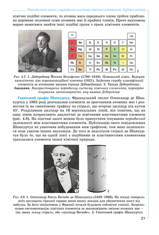 21
Періодичний закон і періодична система хімічних елементів. Будова атома
õіìі÷íî ïîäіáíі åëåìåíòè, òî àòîìíà ìàñà ñåðåäíüîãî ÷ëåíà òðіéêè ïðèáëèç-
íî äîðіâíþє ïîëîâèíі ñóìè àòîìíèõ ìàñ її êðàéíіõ ÷ëåíіâ. Ïðîòå íàóêîâåöü
ìàðíî íàìàãàâñÿ çíàéòè іíøі ïîäіáíі ãðóïè ç òðüîõ õіìі÷íèõ åëåìåíòіâ.
1 2
Ðèñ. 4.7. 1. Äåáåðåéíåð Éîãàíí Âîëüôãàíã (1780–1849). Íіìåöüêèé õіìіê. Âіäêðèâ
êàòàëіòè÷íó äіþ ïîðîøêîïîäіáíîї ïëàòèíè (1821). Çäіéñíèâ ñïðîáó êëàñèôіêàöії
åëåìåíòіâ çà àòîìíèìè ìàñàìè (òðіàäè Äåáåðåéíåðà). 2. Òðіàäè Äåáåðåéíåðà.
Çàâäàííÿ. Âèêîðèñòîâóþ÷è ïåðіîäè÷íó ñèñòåìó õіìі÷íèõ åëåìåíòіâ, ïåðåâіðòå
іñíóâàííÿ çàêîíîìіðíîñòі, ÿêó âèÿâèâ Äåáåðåéíåð
Ãâèíòîâèé ãðàôіê Øàíêóðòóà. Ôðàíöóçüêèé ãåîëîã Îëåêñàíäð äå Øàí-
êóðòóà ó 1862 ðîöі ðîçòàøóâàâ åëåìåíòè çà çðîñòàííÿì àòîìíèõ ìàñ і ðîç-
ìіñòèâ їõ íà ãâèíòîâîìó ãðàôіêó ïî ñïіðàëі, ùî îãîðòàє öèëіíäð ïіä êóòîì
45 . Ðîçäіëèâøè öèëіíäð íà 16 âåðòèêàëüíèõ ëіíіé, âіí ïîìіòèâ, ùî íà
îäíó ëіíіþ ïîòðàïëÿþòü àíàëîãі÷íі çà õіìі÷íèìè âëàñòèâîñòÿìè åëåìåíòè
(ðèñ. 4.8). Íà ïіäñòàâі öüîãî ìîæíà áóëî ïðèïóñòèòè іñíóâàííÿ ïåðіîäè÷íîї
çàëåæíîñòі ìіæ âëàñòèâîñòÿìè åëåìåíòіâ. Ïóáëіêàöіþ ñâîãî ïîâіäîìëåííÿ
Øàíêóðòóà íå óíàî÷íèâ ïîáóäîâàíèì íèì ãðàôіêîì, òîæ âîíî çàëèøèëî-
ñÿ ïîçà óâàãîþ іíøèõ íàóêîâöіâ. Äî òîãî æ íåäîëіêîì ñïіðàëі äå Øàíêóð-
òóà áóëî òå, ùî íà îäíіé ëіíії ç ïîäіáíèìè çà âëàñòèâîñòÿìè åëåìåíòàìè
òðàïëÿëèñÿ åëåìåíòè іíøîї õіìі÷íîї ïðèðîäè.
1 2
Ðèñ. 4.8. 1. Îëåêñàíäð Åìіëü Áåãþéå äå Øàíêóðòóà (1820–1886). Íà ïîñàäі ãåíåðàëü-
íîãî íàãëÿäà÷à ãіðñüêîї ñïðàâè âæèâ íèçêó çàõîäіâ äëÿ óáåçïå÷åííÿ øàõò âіä
âèáóõіâ. Çà éîãî іíіöіàòèâîþ ó Ôðàíöії ïî÷àëè áóäóâàòè ñåéñìі÷íі ñòàíöії. Çàïðîïî-
íóâàâ ñèñòåìàòèçàöіþ õіìі÷íèõ åëåìåíòіâ çà çàêîíîìіðíîþ çìіíîþ àòîìíèõ ìàñ –
òàê çâàíó çåìíó ñïіðàëü, àáî «öèëіíäð Áåãþéå». 2. Ãâèíòîâèé ãðàôіê Øàíêóðòóà
 