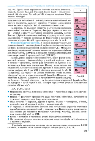 29
Періодичний закон і періодична система хімічних елементів. Будова атома
Ðèñ. 6.4. Äðóãà ãðóïà ïåðіîäè÷íîї ñèñòåìè õіìі÷íèõ åëåìåíòіâ.
Áåðèëіé, Ìàãíіé, Êàëüöіé, Ñòðîíöіé, Áàðіé, Ðàäіé – åëåìåíòè ãî-
ëîâíîї (À) ïіäãðóïè. Äî ïîáі÷íîї (Á) ïіäãðóïè íàëåæàòü Öèíê,
Êàäìіé, Ìåðêóðіé
ïîñèëþєòüñÿ ìåòàëі÷íèé і ïîñëàáëþєòüñÿ íåìåòàëі÷íèé õà-
ðàêòåð åëåìåíòіâ. Ïîáі÷íі ïіäãðóïè óòâîðåíі åëåìåíòàìè
ëèøå âåëèêèõ ïåðіîäіâ. Óñі öі åëåìåíòè – ìåòàëі÷íі.
Íàïðèêëàä, äî ãîëîâíîї ïіäãðóïè ï’ÿòîї ãðóïè íàëåæàòü
íåìåòàëі÷íі åëåìåíòè Íіòðîãåí, Ôîñôîð, Àðñåí òà ìåòàëі÷-
íі – Ñòèáіé і Áіñìóò. Ìåòàëі÷íі åëåìåíòè Âàíàäіé, Íіîáіé,
Òàíòàë і Äóáíіé ñòàíîâëÿòü ïîáі÷íó ïіäãðóïó ï’ÿòîї ãðóïè.
Âàëåíòíіñòü ó ëåòêèõ ñïîëóêàõ іç Ãіäðîãåíîì â åëåìåíòіâ
ãîëîâíèõ ïіäãðóï IV–VII ãðóï çìåíøóєòüñÿ âіä IV äî І.
Ôîðìè ïåðіîäè÷íîї ñèñòåìè. Â Óêðàїíі âèêîðèñòîâóþòü êî-
ðîòêîïåðіîäíèé і äîâãîïåðіîäíèé âàðіàíòè ïåðіîäè÷íîї ñèñòå-
ìè (äèâ. ôîðçàöè ïіäðó÷íèêà). Çàïðîïîíîâàíó Ä.І. Ìåíäåëєє-
âèì ôîðìó ïåðіîäè÷íîї ñèñòåìè íàçèâàþòü êîðîòêîïåðіîäíîþ,
àáî êëàñè÷íîþ (ó 1989 ðîöі її îôіöіéíî ñêàñóâàâ Ìіæíàðîäíèé
ñîþç òåîðåòè÷íîї é ïðèêëàäíîї õіìії (IUPAC)).
Íàðàçі äåäàëі øèðøå âèêîðèñòîâóþòü іíøó ôîðìó ïåðі-
îäè÷íîї ñèñòåìè – äîâãîïåðіîäíó, ó ÿêіé óñі ïåðіîäè – ìàëі
é âåëèêі – îäíîðÿäíі, êîæåí ðÿä ïî÷èíàєòüñÿ ëóæíèì і çà-
âåðøóєòüñÿ іíåðòíèì åëåìåíòîì. Êîæíó âåðòèêàëüíó ïî-
ñëіäîâíіñòü åëåìåíòіâ íàçèâàþòü ãðóïîþ é ïîçíà÷àþòü ðèì-
ñüêîþ öèôðîþ âіä I äî VIII і ëіòåðàìè êèðèëèöі À àáî Á.
Íàïðèêëàä, IÀ-ãðóïà – öå ëóæíі åëåìåíòè (òîáòî ãîëîâíà
ïіäãðóïà I ãðóïè â êîðîòêîïåðіîäíіé ôîðìі), à ІÁ-ãðóïà – öå
åëåìåíòè Êóïðóì, Àðãåíòóì і Àóðóì (òîáòî ïîáі÷íà ïіäãðó-
ïà I ãðóïè). Ãîëîâíі ïіäãðóïè – öå À-ãðóïè â äîâãîïåðіîäíіé ôîðìі, ïîáі÷-
íі ïіäãðóïè – öå Á-ãðóïè â íіé. Íîìåðè ãðóï â îáîõ ôîðìàõ Ïåðіîäè÷íîї
ñèñòåìè çáіãàþòüñÿ1
.
ÏÐÎ ÃÎËÎÂÍÅ
Ïåðіîäè÷íà ñèñòåìà õіìі÷íèõ åëåìåíòіâ – ãðàôі÷íèé âèðàç ïåðіîäè÷íî-
ãî çàêîíó.
Ïåðіîä – ôðàãìåíò ïðèðîäíîãî ðÿäó õіìі÷íèõ åëåìåíòіâ, ïî÷èíàєòüñÿ
ëóæíèì і çàâåðøóєòüñÿ іíåðòíèì åëåìåíòîì.
Ìàëі ïåðіîäè – ïåðøèé, äðóãèé і òðåòіé, âåëèêі – ÷åòâåðòèé, ï’ÿòèé,
øîñòèé; ñüîìèé âåëèêèé ïåðіîä – íåçàâåðøåíèé.
Ó ïåðіîäàõ çі çáіëüøåííÿì àòîìíèõ ìàñ ìåòàëі÷íèé õàðàêòåð åëåìåíòіâ
ïîñëàáëþєòüñÿ, à íåìåòàëі÷íèé – ïîñèëþєòüñÿ. Âàëåíòíіñòü ó âèùèõ îêñè-
äàõ çðîñòàє (çà âèíÿòêîì Íіòðîãåíó, Îêñèãåíó, Ôëóîðó, äåÿêèõ іíåðò-
íèõ åëåìåíòіâ) âіä І äî VІІІ.
Ãðóïà – êîëîíêà â òàáëè÷íіé ôîðìі ïåðіîäè÷íîї ñèñòåìè.
Äî ãîëîâíèõ ïіäãðóï íàëåæàòü åëåìåíòè ìàëèõ ïåðіîäіâ òà їõíі àíàëîãè
ç âåëèêèõ ïåðіîäіâ.
1
Ó íîâіòíіõ çàêîðäîííèõ äæåðåëàõ óæå íå âèêîðèñòîâóþòü ïîçíà÷åííÿ I–VIII
(À àáî Á), à ïîäàþòü ëèøå ñó÷àñíі ïðèðîäíі íîìåðè ãðóï âіä 1 äî 18.
Ðèñ. 6.4
 
