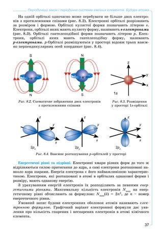 37
Періодичний закон і періодична система хімічних елементів. Будова атома
Íà îäíіé îðáіòàëі îäíî÷àñíî ìîæå ïåðåáóâàòè íå áіëüøå äâîõ åëåêòðî-
íіâ ç ïðîòèëåæíèìè ñïіíàìè (ðèñ. 8.2). Åëåêòðîííі îðáіòàëі ðîçðіçíÿþòü
çà ðîçìіðîì і ôîðìîþ. Îðáіòàëі êóëÿñòîї ôîðìè ïîçíà÷àþòü ëіòåðîþ s.
Åëåêòðîíè, îðáіòàëі ÿêèõ ìàþòü êóëÿñòó ôîðìó, íàçèâàþòü s-åëåêòðîíàìè
(ðèñ. 8.3). Îðáіòàëі ãàíòåëåïîäіáíîї ôîðìè ïîçíà÷àþòü ëіòåðîþ p. Åëåê-
òðîíè, îðáіòàëі ÿêèõ ìàþòü ãàíòåëåïîäіáíó ôîðìó, íàçèâàþòü
p-åëåêòðîíàìè. ð-Îðáіòàëі ðîçìіùóþòüñÿ ó ïðîñòîðі âçäîâæ òðüîõ âçàєì-
íî ïåðïåíäèêóëÿðíèõ îñåé êîîðäèíàò (ðèñ. 8.4).
Ðèñ. 8.3. Ðîçìіùåííÿ
ó ïðîñòîðі 1s-îðáіòàëі
Ðèñ. 8.2. Ñõåìàòè÷íå çîáðàæåííÿ äâîõ åëåêòðîíіâ
ç ïðîòèëåæíèìè ñïіíàìè
e– e–
N
N S
Ðèñ. 8.4. Âçàєìíå ðîçòàøóâàííÿ p-îðáіòàëåé ó ïðîñòîðі
Åíåðãåòè÷íі ðіâíі òà ïіäðіâíі. Åëåêòðîííі õìàðè ðіçíèõ ôîðì äî òîãî æ
âіäðіçíÿþòüñÿ ñèëîþ ïðèòÿãàííÿ äî ÿäðà, à ñàìі åëåêòðîíè ðîçòàøîâàíі íà-
âêîëî ÿäðà øàðàìè. Åíåðãіÿ åëåêòðîíà є éîãî íàéâàæëèâіøîþ õàðàêòåðèñ-
òèêîþ. Åëåêòðîíè, ÿêі ðîçòàøîâàíі â àòîìі â îðáіòàëÿõ îäíàêîâîї ôîðìè і
ðîçìіðó, ìàþòü îäíàêîâó åíåðãіþ.
Ç óðàõóâàííÿì åíåðãіé åëåêòðîíіâ їõ ðîçïîäіëÿþòü çà ïåâíèìè åíåð-
ãåòè÷íèìè ðіâíÿìè. Ìàêñèìàëüíó êіëüêіñòü åëåêòðîíіâ Nmax
íà åíåð-
ãåòè÷íîìó ðіâíі îá÷èñëþþòü çà ôîðìóëîþ: Nmax
(e) = 2n2
, äå n – íîìåð
åíåðãåòè÷íîãî ðіâíÿ.
Óìîâíèé çàïèñ áóäîâè åëåêòðîííèõ îáîëîíîê àòîìіâ íàçèâàþòü åëåê-
òðîííîþ ôîðìóëîþ. Ãðàôі÷íèé âàðіàíò åëåêòðîííîї ôîðìóëè äàє óÿâ-
ëåííÿ ïðî êіëüêіñòü ñïàðåíèõ і íåñïàðåíèõ åëåêòðîíіâ â àòîìі õіìі÷íîãî
åëåìåíòà.
2рх
2ру
2рz
z
y y y
xx
x
z z
 
