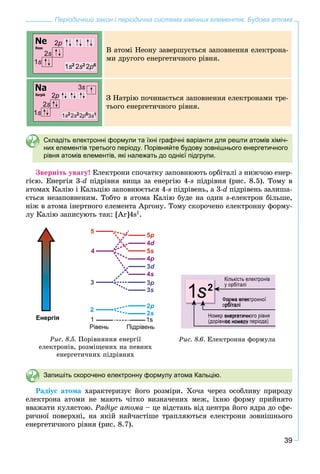 39
Періодичний закон і періодична система хімічних елементів. Будова атома
Â àòîìі Íåîíó çàâåðøóєòüñÿ çàïîâíåííÿ åëåêòðîíà-
ìè äðóãîãî åíåðãåòè÷íîãî ðіâíÿ.
Ç Íàòðіþ ïî÷èíàєòüñÿ çàïîâíåííÿ åëåêòðîíàìè òðå-
òüîãî åíåðãåòè÷íîãî ðіâíÿ.
Складіть електронні формули та їхні графічні варіанти для решти атомів хіміч-
них елементів третього періоду. Порівняйте будову зовнішнього енергетичного
рівня атомів елементів, які належать до однієї підгрупи.
Çâåðíіòü óâàãó! Åëåêòðîíè ñïî÷àòêó çàïîâíþþòü îðáіòàëі ç íèæ÷îþ åíåð-
ãієþ. Åíåðãіÿ 3-d ïіäðіâíÿ âèùà çà åíåðãіþ 4-s ïіäðіâíÿ (ðèñ. 8.5). Òîìó â
àòîìàõ Êàëіþ і Êàëüöіþ çàïîâíþєòüñÿ 4-s ïіäðіâåíü, à 3-d ïіäðіâåíü çàëèøà-
єòüñÿ íåçàïîâíåíèì. Òîáòî â àòîìà Êàëіþ áóäå íà îäèí s-åëåêòðîí áіëüøå,
íіæ â àòîìà іíåðòíîãî åëåìåíòà Àðãîíó. Òîìó ñêîðî÷åíî åëåêòðîííó ôîðìó-
ëó Êàëіþ çàïèñóþòü òàê: [Ar]4s1
.
Ðèñ. 8.5. Ïîðіâíÿííÿ åíåðãії
åëåêòðîíіâ, ðîçìіùåíèõ íà ïåâíèõ
åíåðãåòè÷íèõ ïіäðіâíÿõ
Ðèñ. 8.6. Åëåêòðîííà ôîðìóëà
Запишіть скорочено електронну формулу атома Кальцію.
Ðàäіóñ àòîìà õàðàêòåðèçóє éîãî ðîçìіðè. Õî÷à ÷åðåç îñîáëèâó ïðèðîäó
åëåêòðîíà àòîìè íå ìàþòü ÷іòêî âèçíà÷åíèõ ìåæ, їõíþ ôîðìó ïðèéíÿòî
ââàæàòè êóëÿñòîþ. Ðàäіóñ àòîìà – öå âіäñòàíü âіä öåíòðà éîãî ÿäðà äî ñôå-
ðè÷íîї ïîâåðõíі, íà ÿêіé íàé÷àñòіøå òðàïëÿþòüñÿ åëåêòðîíè çîâíіøíüîãî
åíåðãåòè÷íîãî ðіâíÿ (ðèñ. 8.7).
 