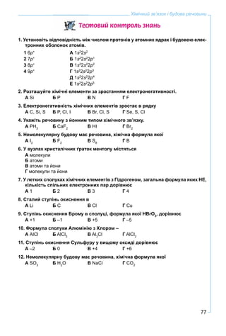 77
Хімічний зв’язок і будова речовини
Òåñòîâèé êîíòðîëü çíàíü
1. Установіть відповідність між числом протонів у атомних ядрах і будовою елек-
тронних оболонок атомів.
1 6p+
А 1s2
2s2
2 7p+
Б 1s2
2s2
2p1
3 8p+
В 1s2
2s2
2p2
4 9p+
Г 1s2
2s2
2p3
Д 1s2
2s2
2p4
Е 1s2
2s2
2p5
2. Розташуйте хімічні елементи за зростанням електронегативності.
А Si Б P В N Г F
3. Електронегативність хімічних елементів зростає в рядку
А C, Si, S Б P, Cl, I В Br, Cl, S Г Se, S, Cl
4. Укажіть речовину з йонним типом хімічного зв’язку.
А PH3
Б CaF2
В HI Г Br2
5. Немолекулярну будову має речовина, хімічна формула якої
А I2
Б F2
В S8
Г B
6. У вузлах кристалічних ґраток ментолу містяться
А молекули
Б атоми
В атоми та йони
Г молекули та йони
7. У летких сполуках хімічних елементів з Гідрогеном, загальна формула яких НЕ,
кількість спільних електронних пар дорівнює
А 1 Б 2 В 3 Г 4
8. Сталий ступінь окиснення в
А Li Б C В Cl Г Cu
9. Ступінь окиснення Брому в сполуці, формула якої HBrO3
, дорівнює
А +1 Б –1 В +5 Г –5
10. Формула сполуки Алюмінію з Хлором –
А AlCl Б AlCl3
В Al3
Cl Г AlCl2
11. Ступінь окиснення Сульфуру у вищому оксиді дорівнює
А –2 Б 0 В +4 Г +6
12. Немолекулярну будову має речовина, хімічна формула якої
А SO3
Б H2
O В NaCl Г CO2
 