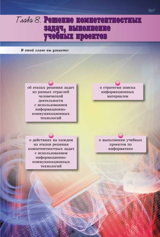 Â ýòîé ãëàâå âû óçíàåòå:
îá ýòàïàõ ðåøåíèÿ çàäà÷
èç ðàçíûõ îòðàñëåé
÷åëîâå÷åñêîé
äåÿòåëüíîñòè
ñ èñïîëüçîâàíèåì
èíôîðìàöèîííî-
êîììóíèêàöèîííûõ
òåõíîëîãèé
î âûïîëíåíèè ó÷åáíûõ
ïðîåêòîâ ïî
èíôîðìàòèêå
î äåéñòâèÿõ íà êàæäîì
èç ýòàïîâ ðåøåíèÿ
êîìïåòåíòíîñòíûõ çàäà÷
ñ èñïîëüçîâàíèåì
èíôîðìàöèîííî-
êîììóíèêàöèîííûõ
òåõíîëîãèé
î ñòðàòåãèè ïîèñêà
èíôîðìàöèîííûõ
ìàòåðèàëîâ
 
